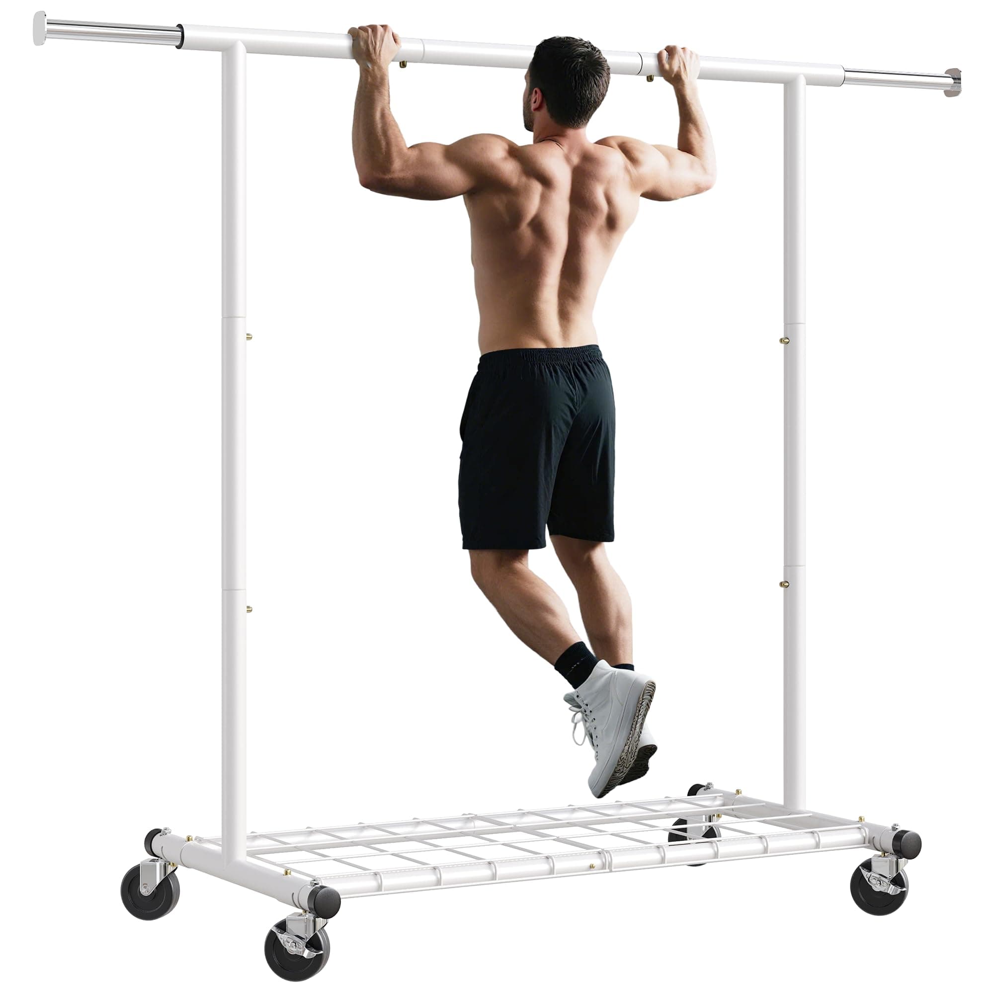 Raybee Clothing Rack for Hanging Clothes, Rolling Clothes Rack Load 250LBS, Metal Clothes Racks, Clothing Rack with Wheels Portable, White