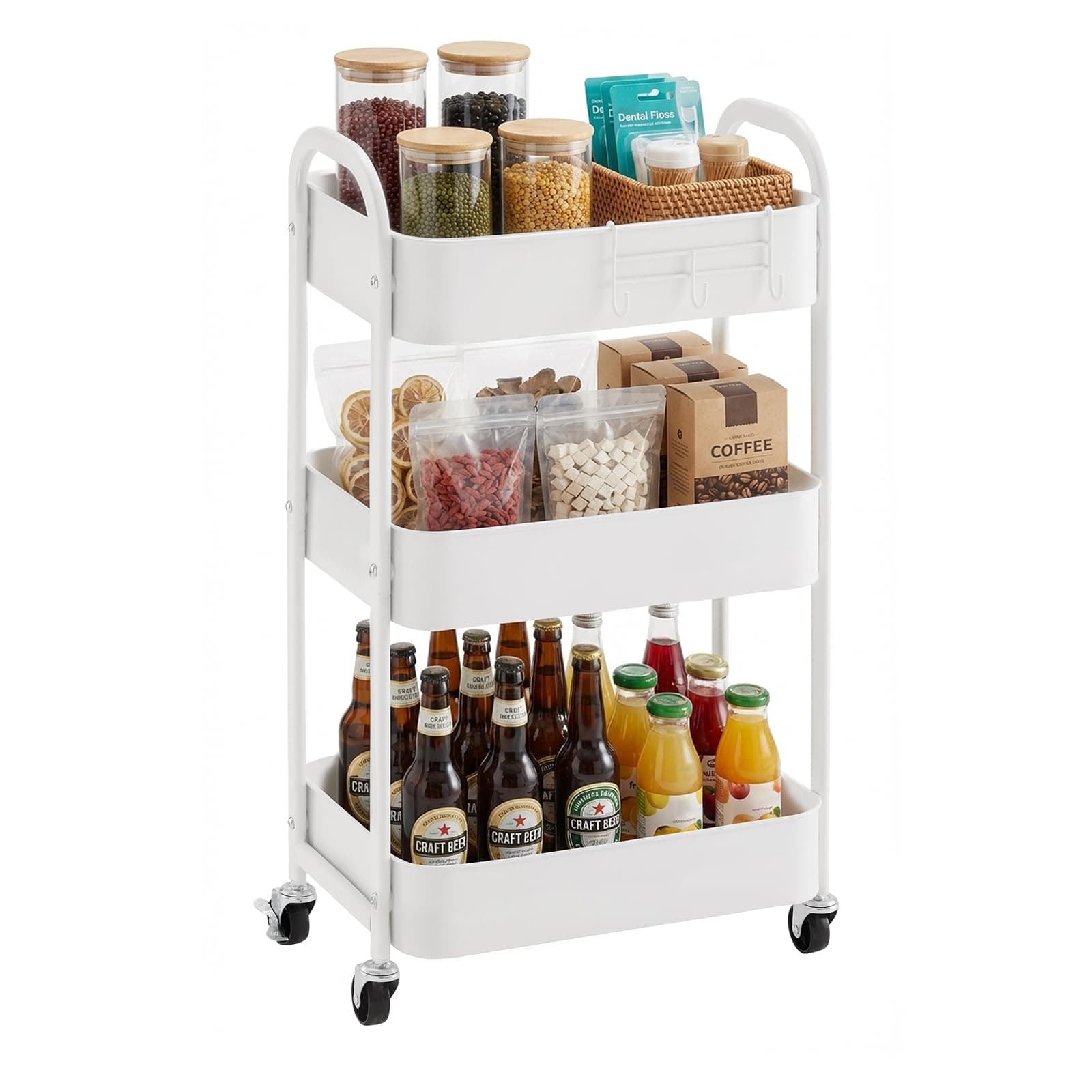 3-Tier Rolling Utility Cart with Caster Wheels,Easy Assembly, for Kitchen, Bathroom (White)
