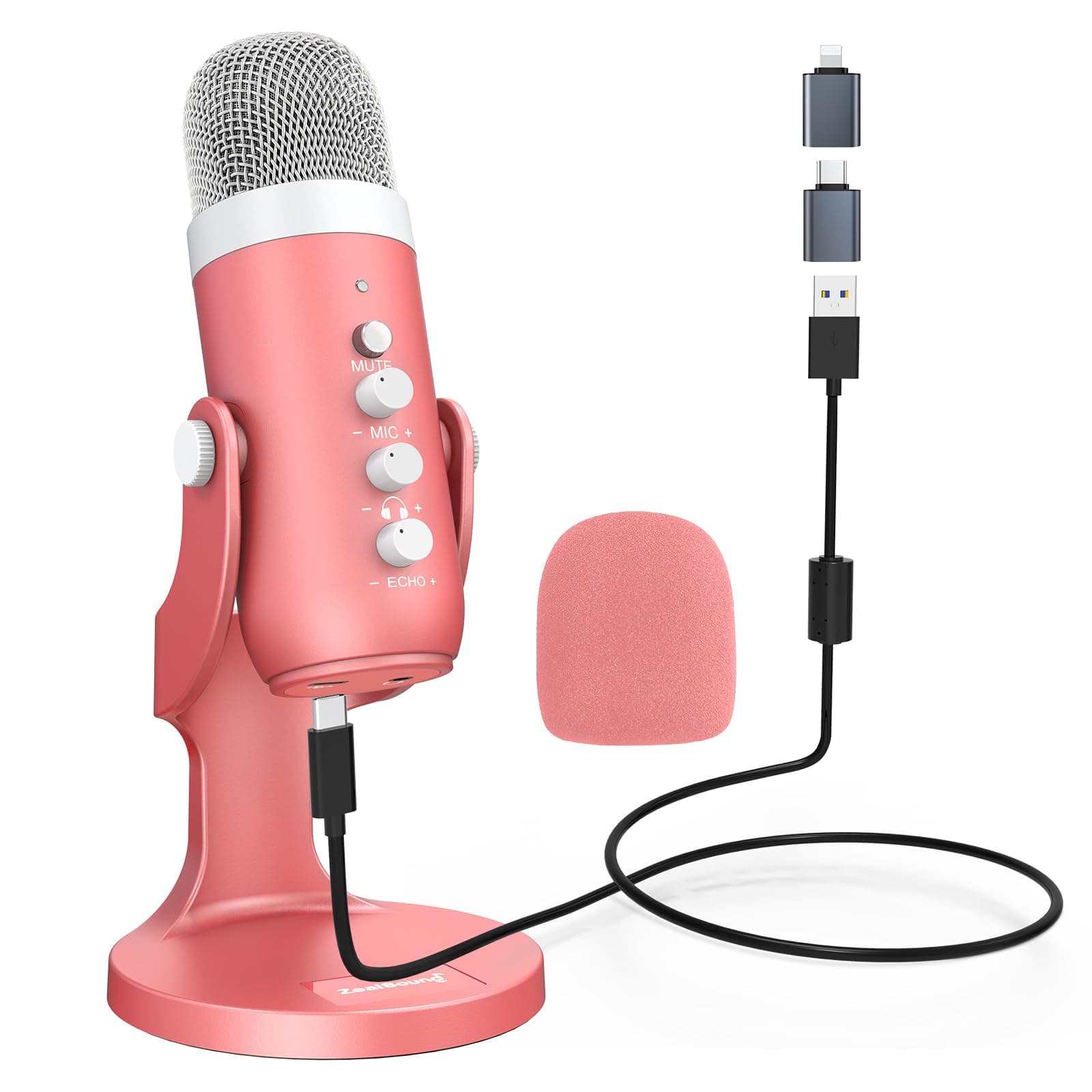 ZealSound USB Microphone,Condenser Computer Mic,Plug&Play Gaming Microphones for PS 4&5.Headphone Output&Volume Control,Mic Gain Control,Mute Button,YouTube Podcast on Mac&Windows Pearlescent Pink
