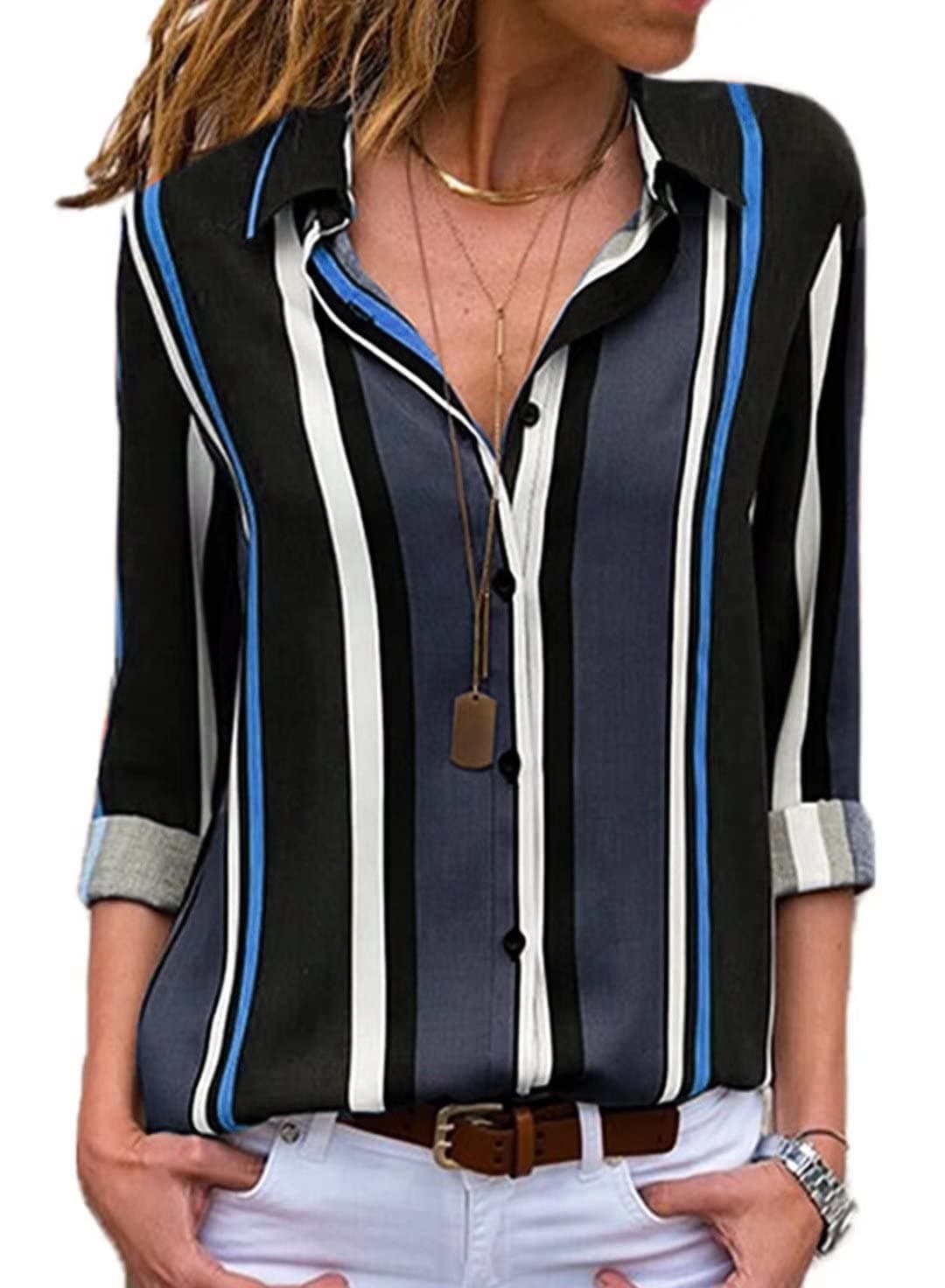 Womens Striped Tops Long Roll Sleeve Button Down Blouses V Neck Casual Chiffon Shirt