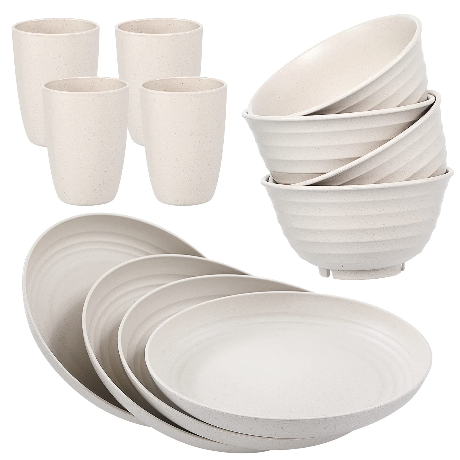 Wwyybfk 12pcs Wheat Straw Dinnerware Sets Unbreakable Microwave Safe Lightweight Bowls, Cups, Plates Set-Reusable, Dishwasher Safe Blue (Beige)