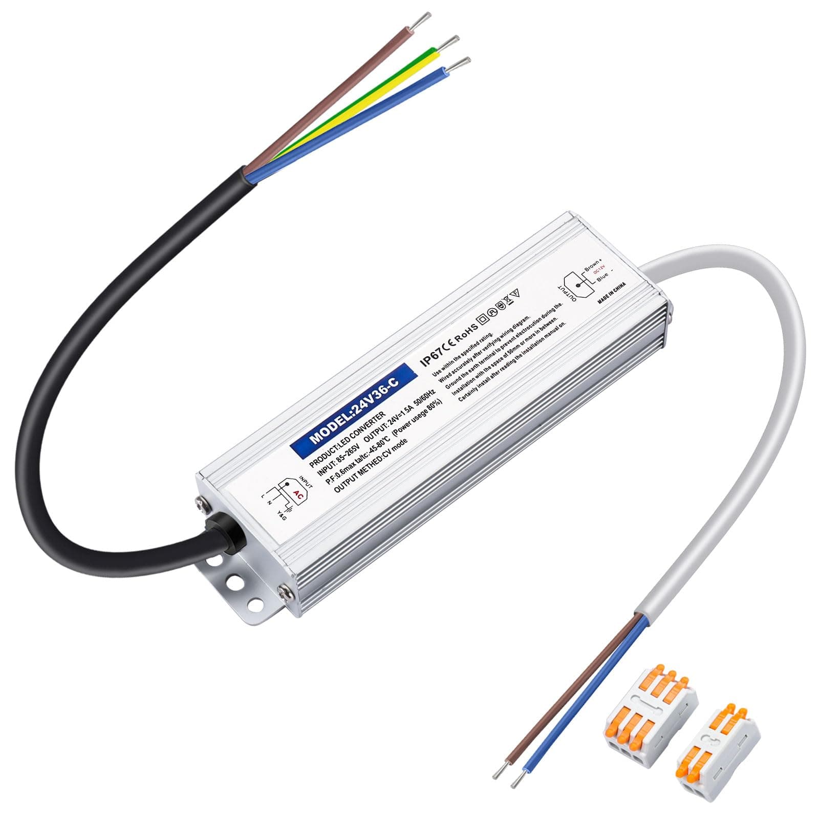 LED Transformer 24 V 36 W 1.5 A, LED Power Supply 24 V, LED Transformer 230 V to 24 Volt DC, Waterproof IP67 LED Driver for LED Lighting Indoor and Outdoor Use