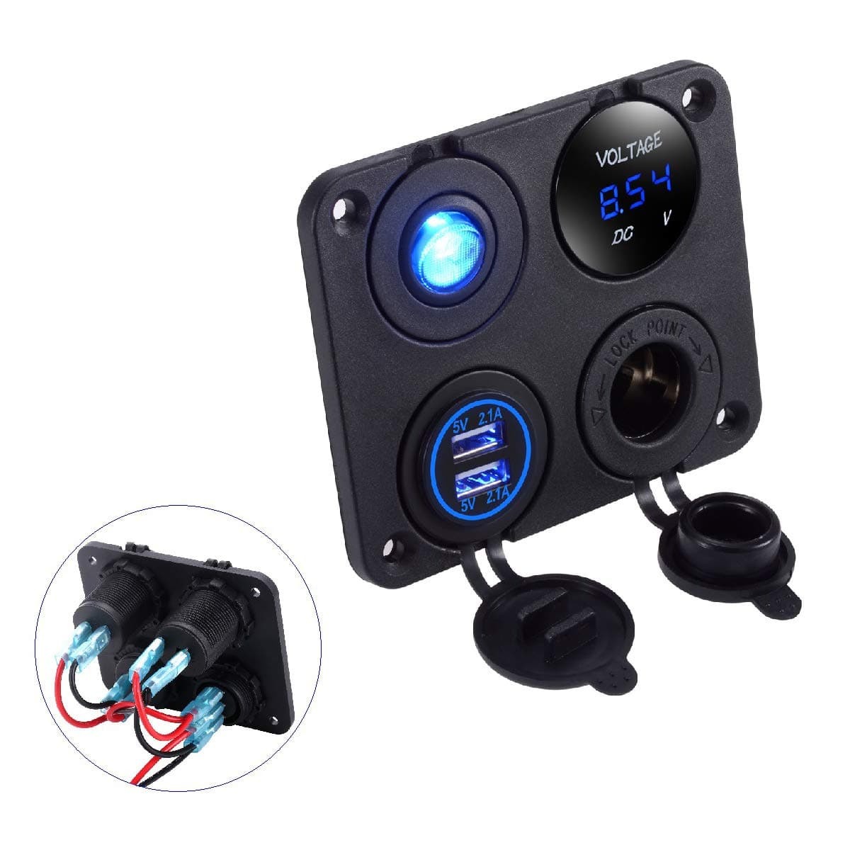 LiDiVi Dual USB Socket Charger 2.1A & 2.1A + LED Voltmeter + 12V Power Outlet+ ON-OFF Toggle Switch, 4 in 1 Multifunction Panel for Car Boat Marine RV Truck Vehiclec
