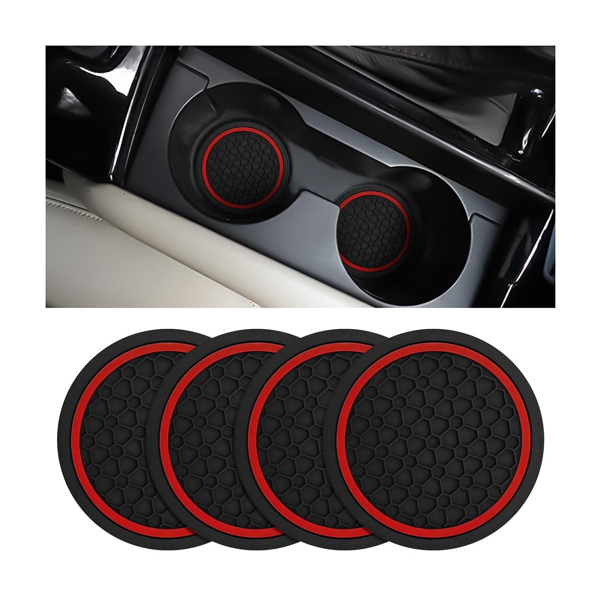 Mandark 4PCS Car Cup Holder Coasters, 2.75 Inch Non-Slip Insert Water Bottle Holder Pads, Dustproof Automotive Interior Accessories Mat, Universal for Vehicles, Trucks, RVs and More(Black/Red)