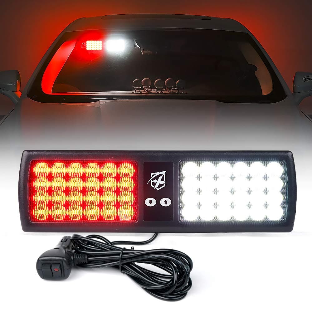 Xprite White Red 48LED Visor Strobe Flashing Lights Sunshield Hazard Warning Light for Law Enforcement Emergency Vehicles Trucks