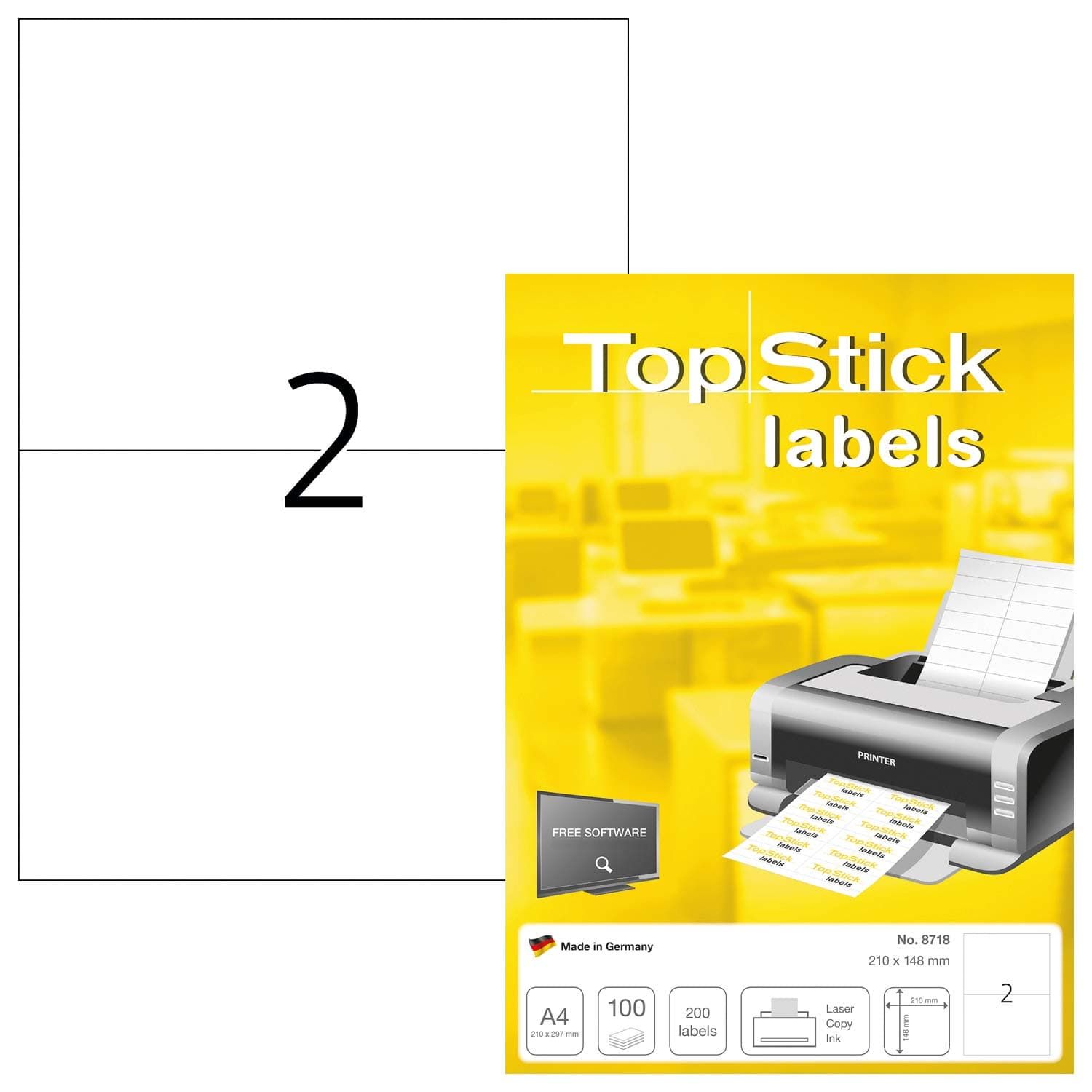 TOP STICK Self Adhesive Multi-Purpose Labels, 2 Labels Per A4 Sheet, 200 Labels For Laser And Inkjet Printers, Large, 210 x 148 mm (8718)