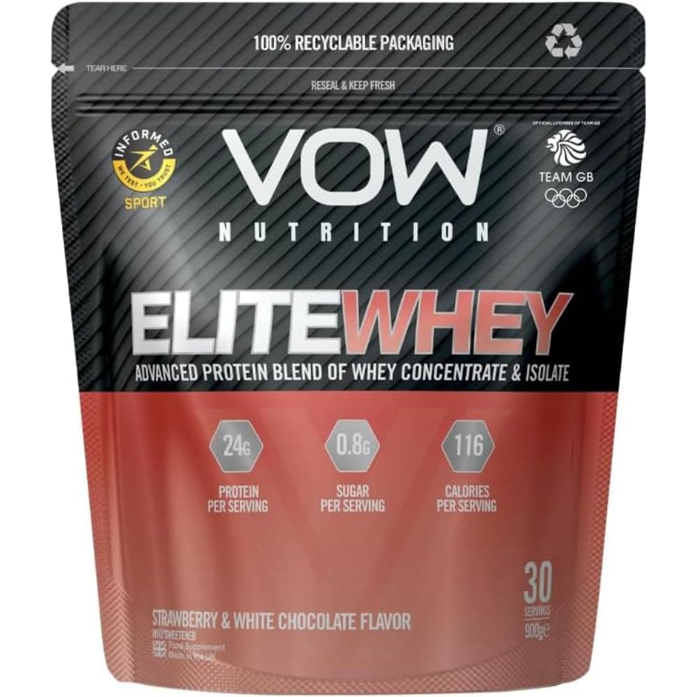 Elite Whey Protein, Whey Isolate, Whey Concentrate, 30 Servings, Premium Protein with Naturally Occurring BCAAs, Informed Sports Approved (900g, Strawberry & White Chocolate)
