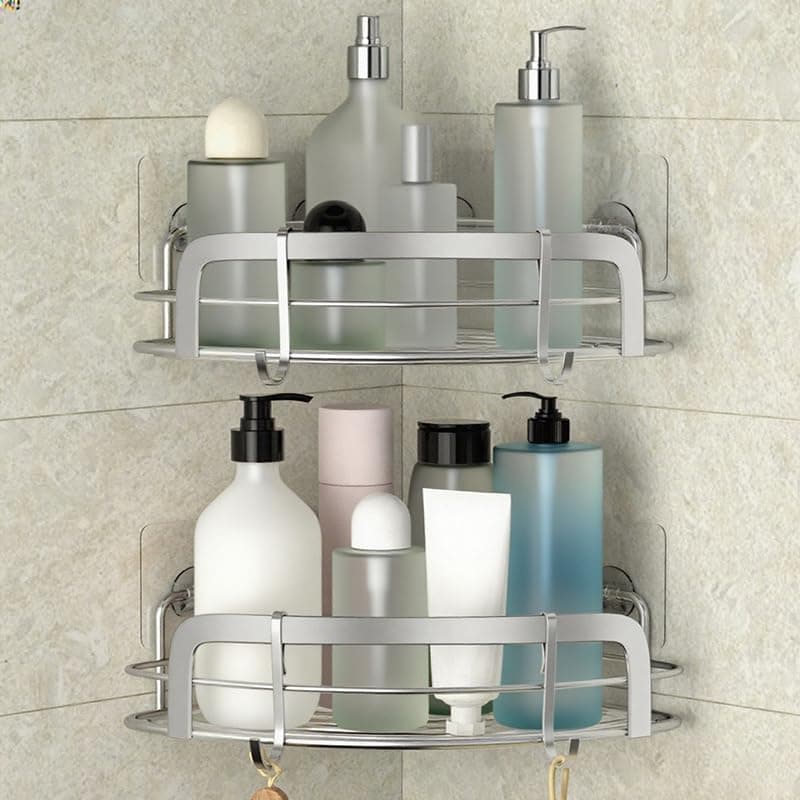 STEUGO 2 Pack Shower Caddy Corner, Bathroom Corner Shelfs, Adhesive Wall Mounted Shower Caddy with 4 Movable Hooks, No Drilling Shower Shelf, Stainless Steel Silver