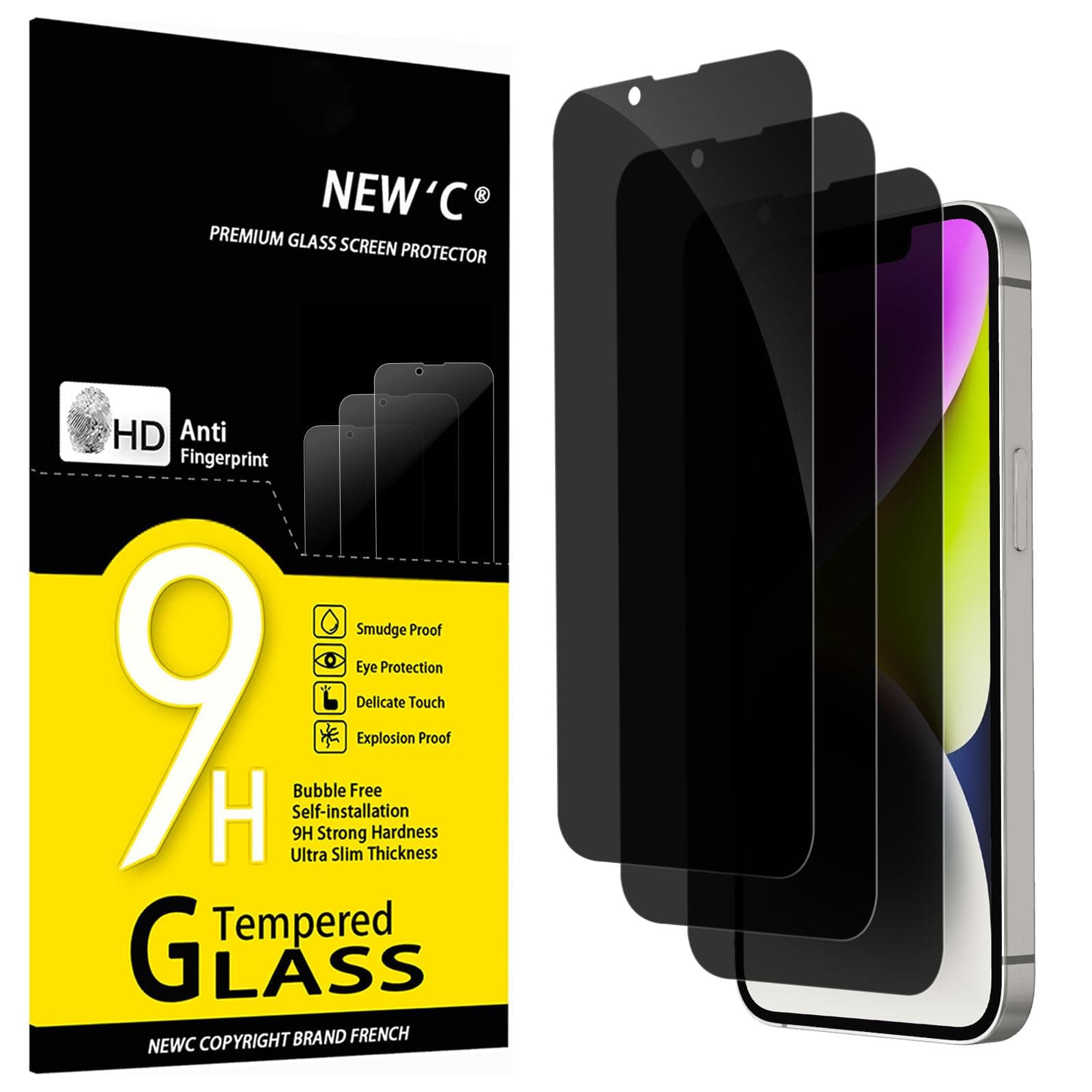NEW'C Pack of 3 Privacy Screen for iPhone 16e, iPhone 14, iPhone 13, iPhone 13 Pro for Tempered Glass (6.1 Inch) for Tempered Glass, Improved 28 Degree Protection Angle, Ultra Durable 9H Hardness