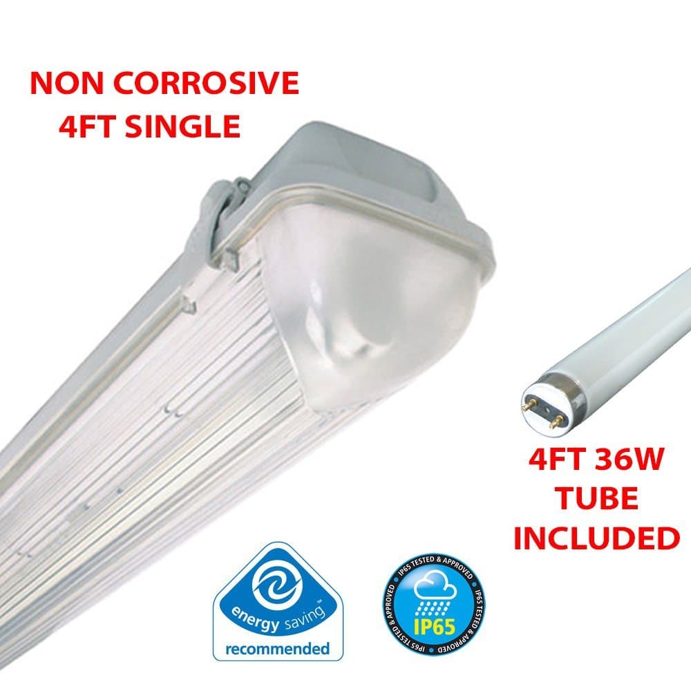 4FT SINGLE 36 WATT NON CORROSIVE WEATHERPROOF FLUORESCENT LIGHT FITTING (INCLUDES TUBE) - IP65 - WEATHERPROOF OUTDOOR STRIP LIGHT - IDEAL FOR GARAGES, WORKSHOP, SHEDS, GREENHOUSES OR COMMERCIAL APPLICATIONS - STURDY CONSTRUCTION - POLYCARBONATE DIFFUSER - HIGH FREQUENCY TRIDONIC CONTROL GEAR - BRANDED - 2 YEAR GUARANTEE