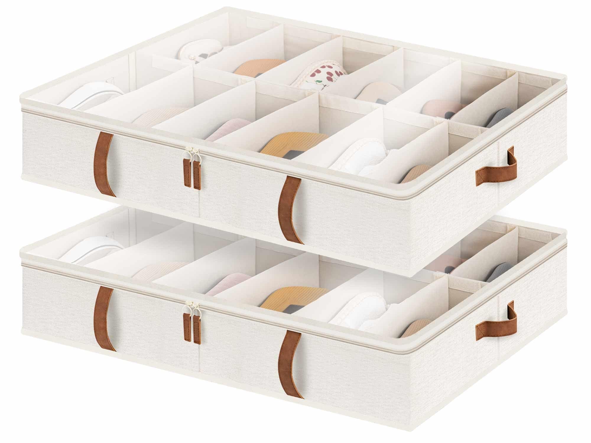 StorageWorks Under Bed Shoe Storage Organiser, Underbed Shoes Container with Adjustable Dividers Fits up to 24 Pairs, Underbed Shoe Storage Boxes with Cover, Space-Saving Shoe Box, Beige, 2-Pack