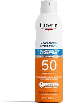 Eucerin Advanced Hydration SPF 50 Sunscreen Spray, Lightweight Spray Sunscreen with Hyaluronic Acid and Humectants, Hypoallergenic, Fragrance and Alcohol Free, 6 Oz Bottle