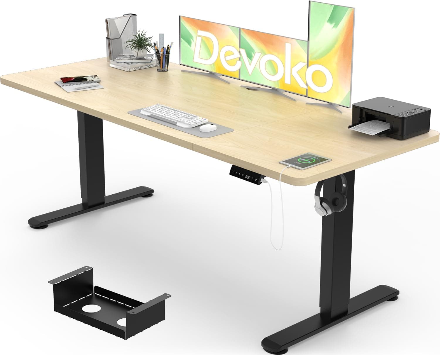 Devoko Electric Standing Desk 180x80cm, 18mm Thick Tabletop, Height Adjustable with Sedentary Reminder, USB Charging Port, 3 Memory Smart Panel, Heavy-Duty Steel Frame (Black frame+Beige desktop)
