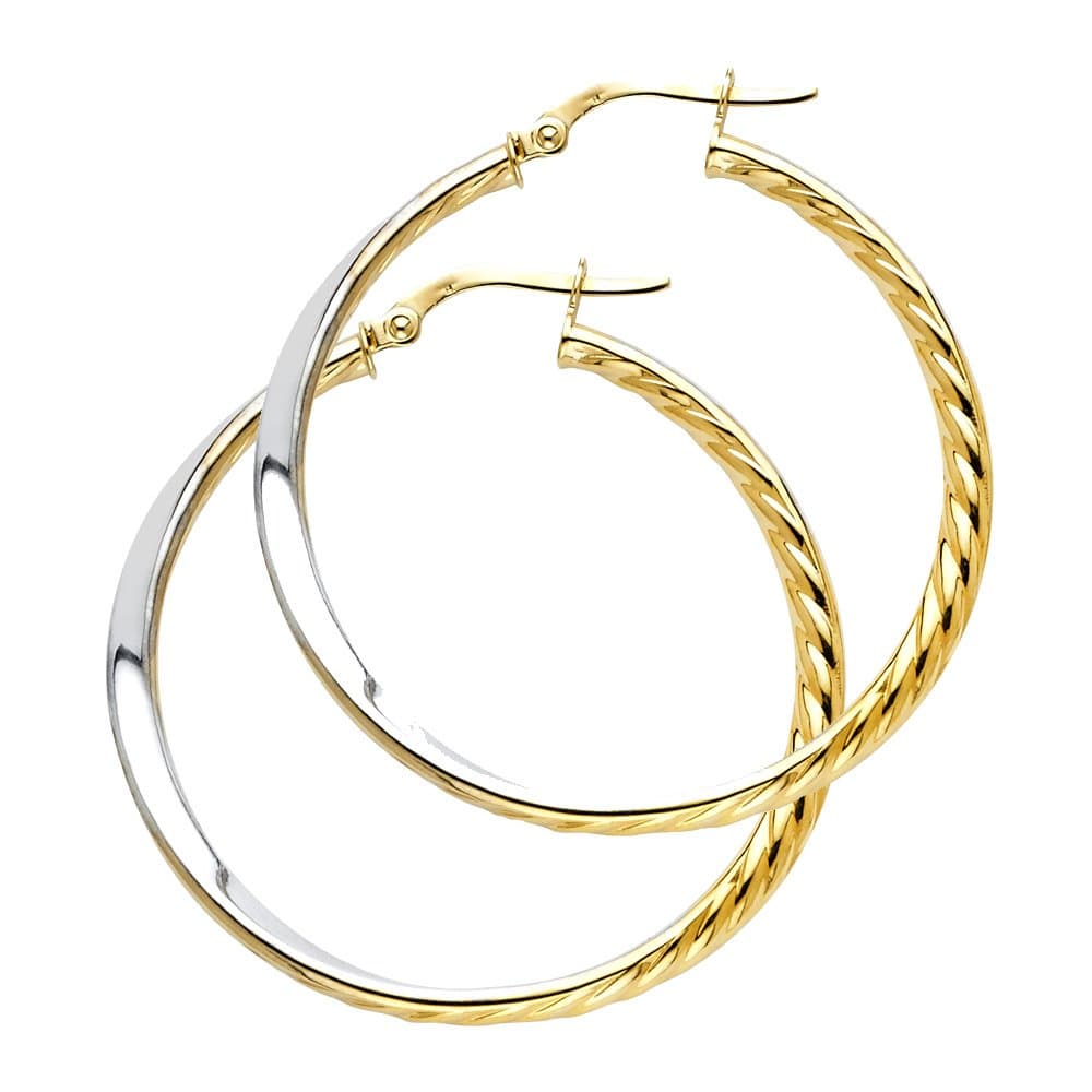 14k Two Tone Gold 40mm Diameter Twisted Design Hinge with Notched Post Hoop Earrings (38 x 38 mm)