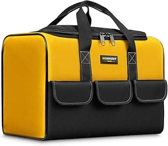 Large Tool Bag, 17 inch Wide Mouth Tool Organizer Bag for Home Repairs,Garage StorageDouble Zipper, Yellow and Black, 16.9 x 11.8 x 9.8 inch