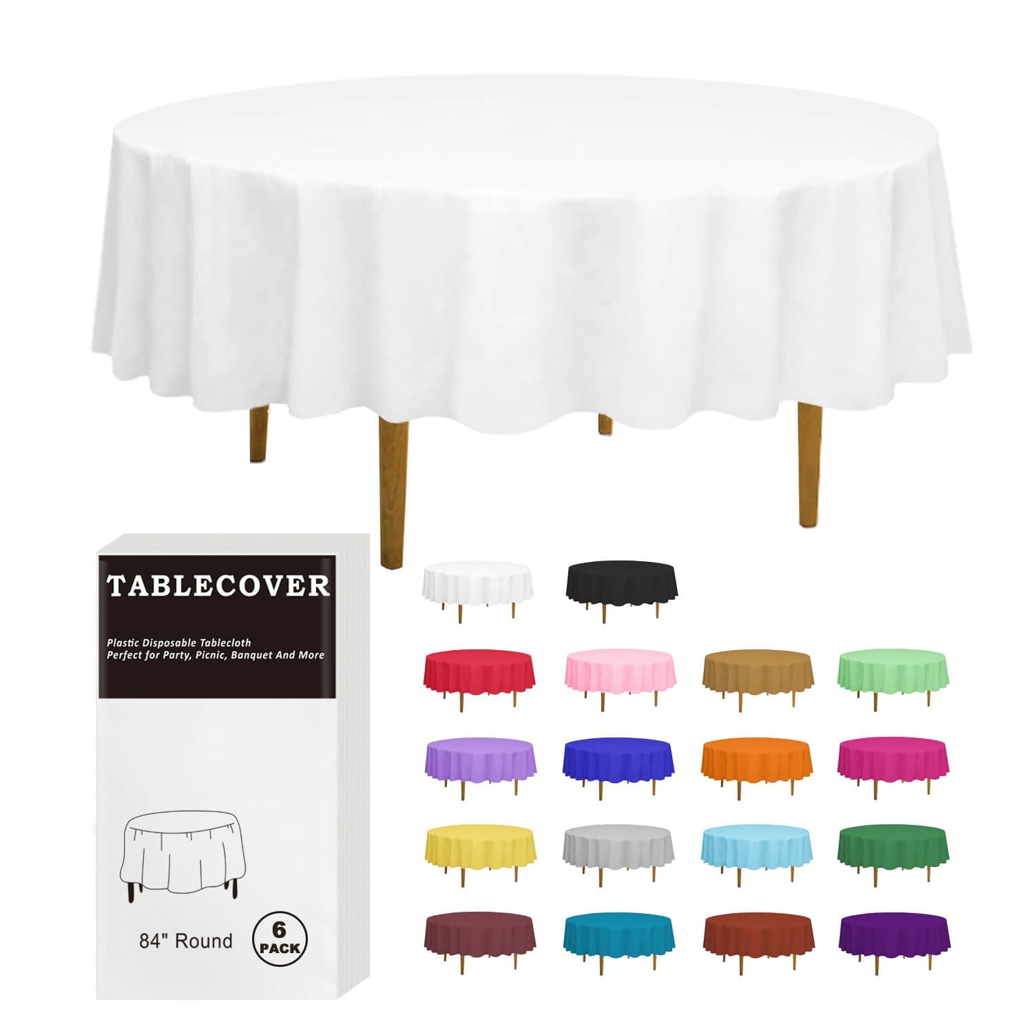 D&Z Plastic Table Cloth Disposable, 6 Pack White Round Tablecloth Individually Wrapped for Indoor&Outdoor, 84 Inch Table Cover for Party, Picnic, Birthday, Wedding & Dinner