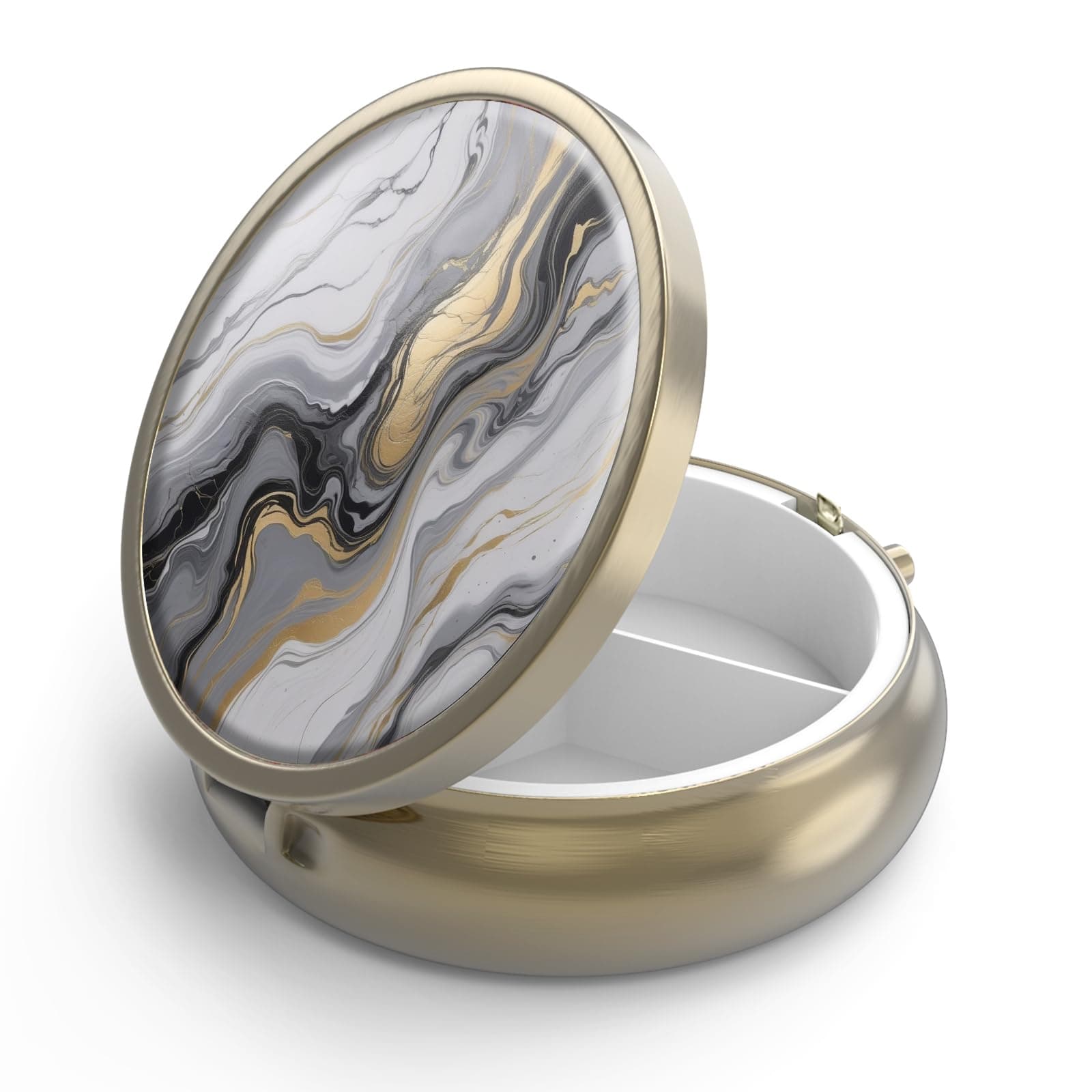 Hion Pill Case Pill Box with Mirror Retro 3 Compartment Small Pill Case for Purse or Pocket Bronze Small Roud Pill Box or Vitamins, Fish Oil, Supplements, Pill Containe Travel Gifts(Black Gold Marble)