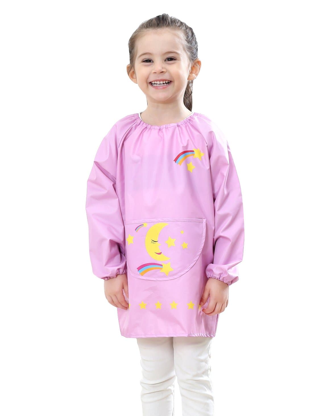 Long Sleeve Pullover Art Smock for Kid Toddler Multifunctional Cute Rainbow Printing Children's Waterproof Bib Drawing Apron Pink 4-6 T