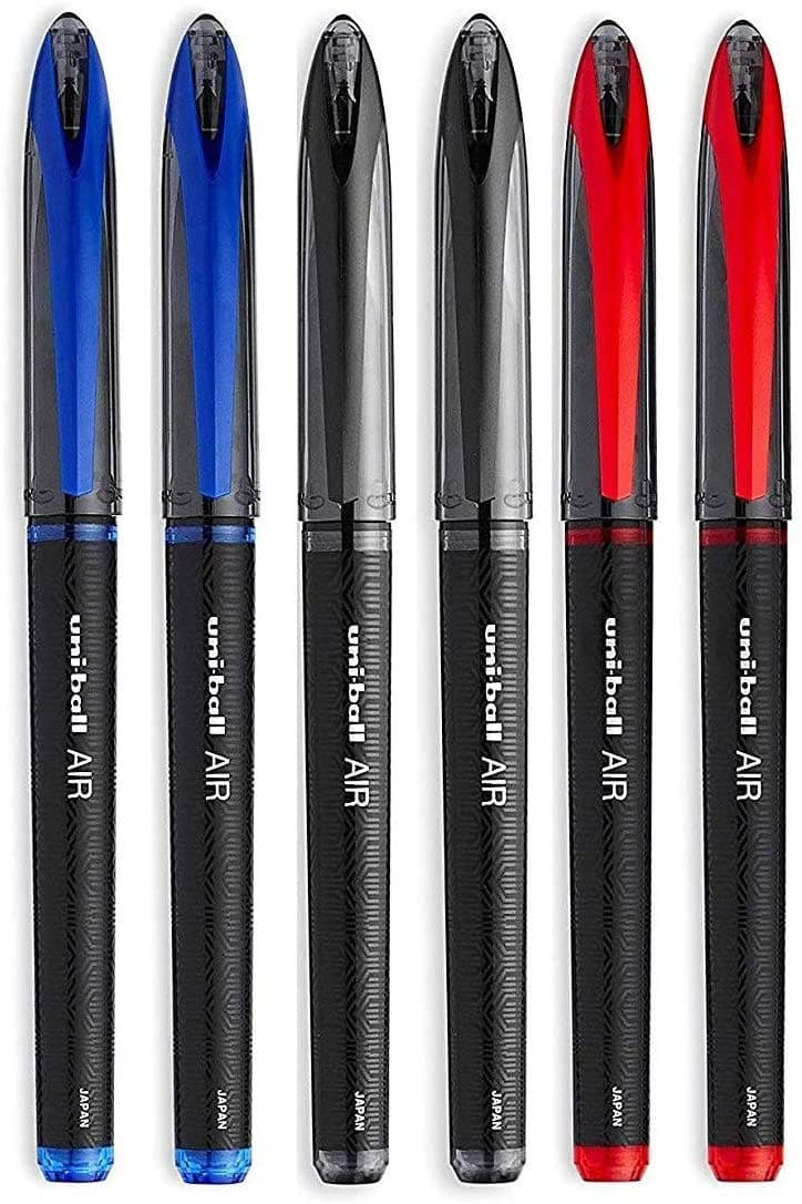 Uni-Ball AIR Micro - 0.5mm Fine Rollerball - Pack of 6 Pens - 4 Black, 1 Blue and Red (Assorted Collors), Packing may vary