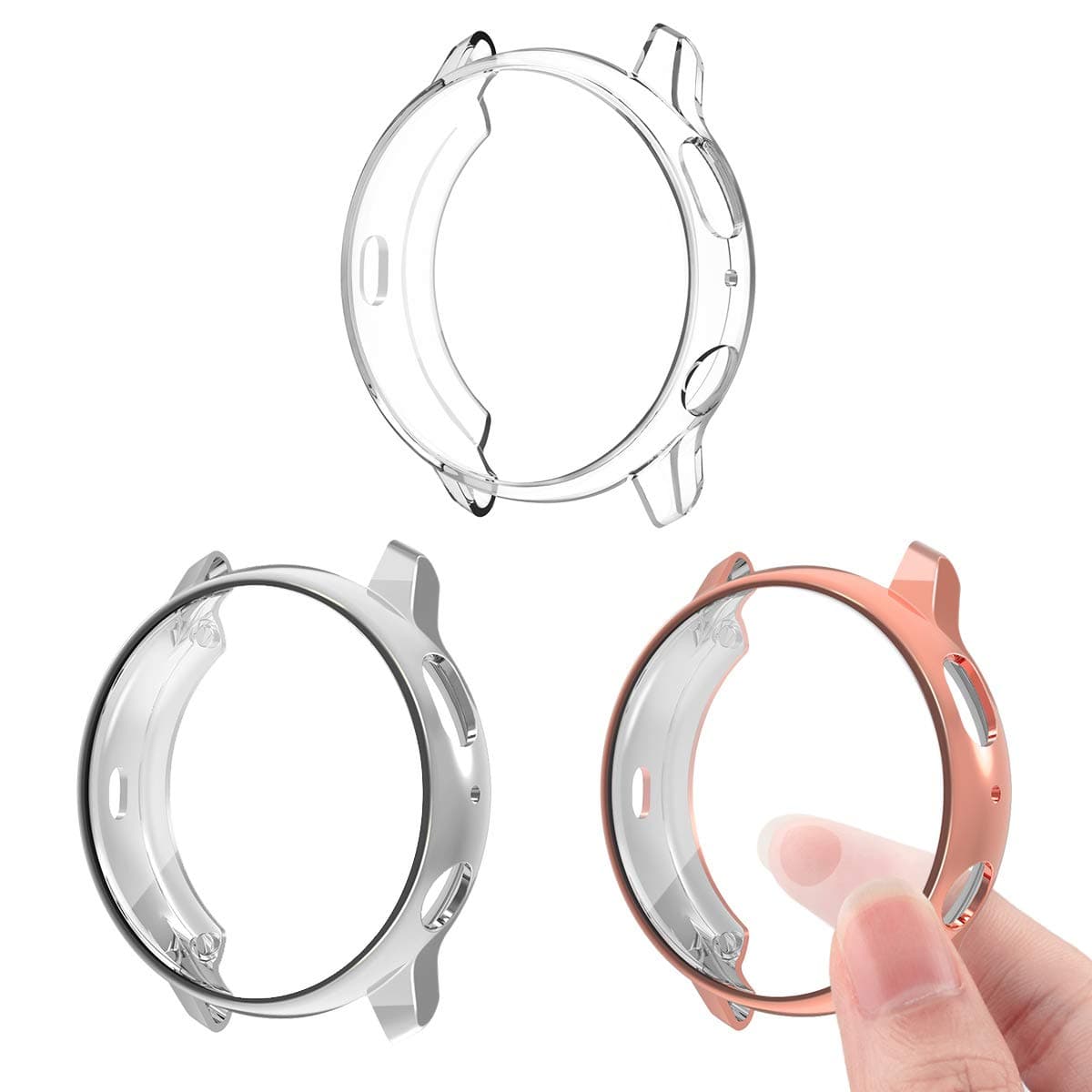 3 Pack Compatible Samsung Galaxy Watch Active2 40mm 44mm Screen Protector Case Cover,YiJYi Ultra Slim Soft Full Coverage Bumper[Sractch-Proof] Protection (Clear,Silver,Rose Gold, Active2 44MM)