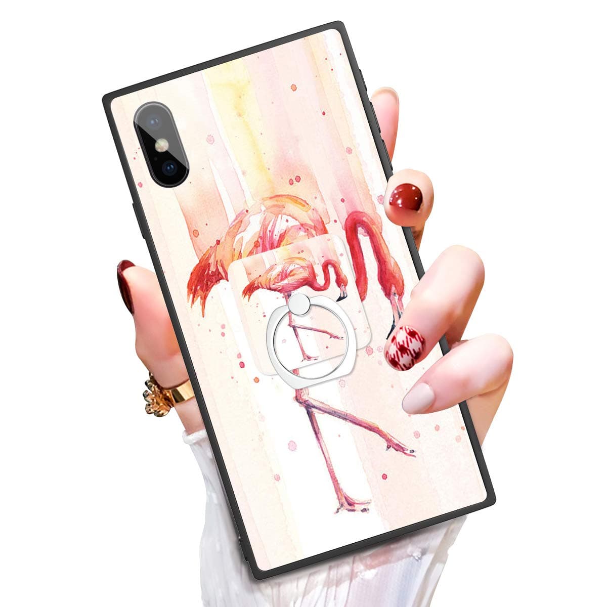 Case for iPhone X iPhone 10 Case with Kickstand Ring Holder Duty Shock Absorbent PC TPU Full Body Drop Protection Modern Design Flamingo Cover for iPhone X/10