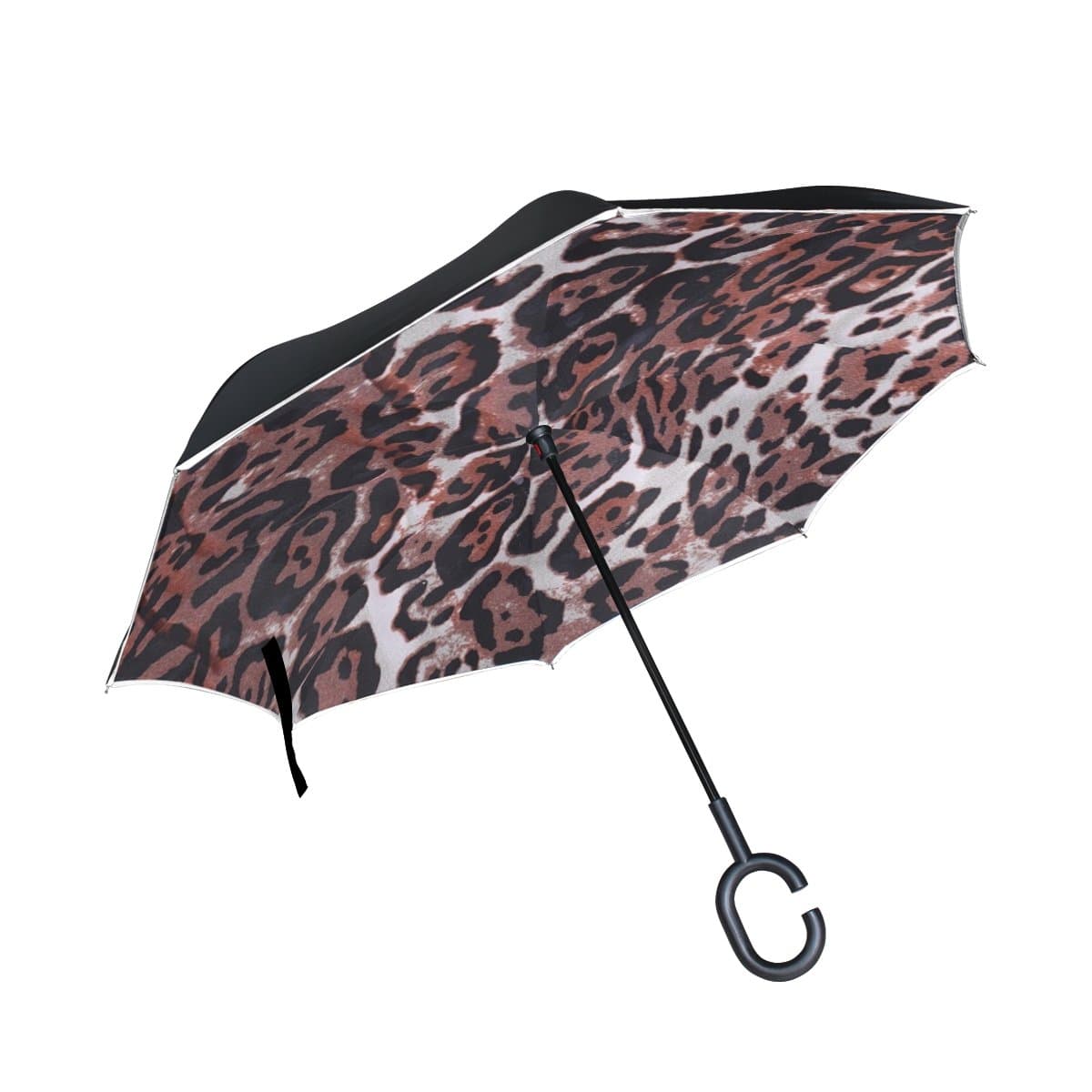 TIANYUSS Double Layer Inverted Pattern Leopard Cheetah Brown Paper Scrapbook Umbrellas Reverse Folding Umbrella Windproof Uv Protection Big Straight Umbrella For Car Rain Outdoor With C-shaped Handle