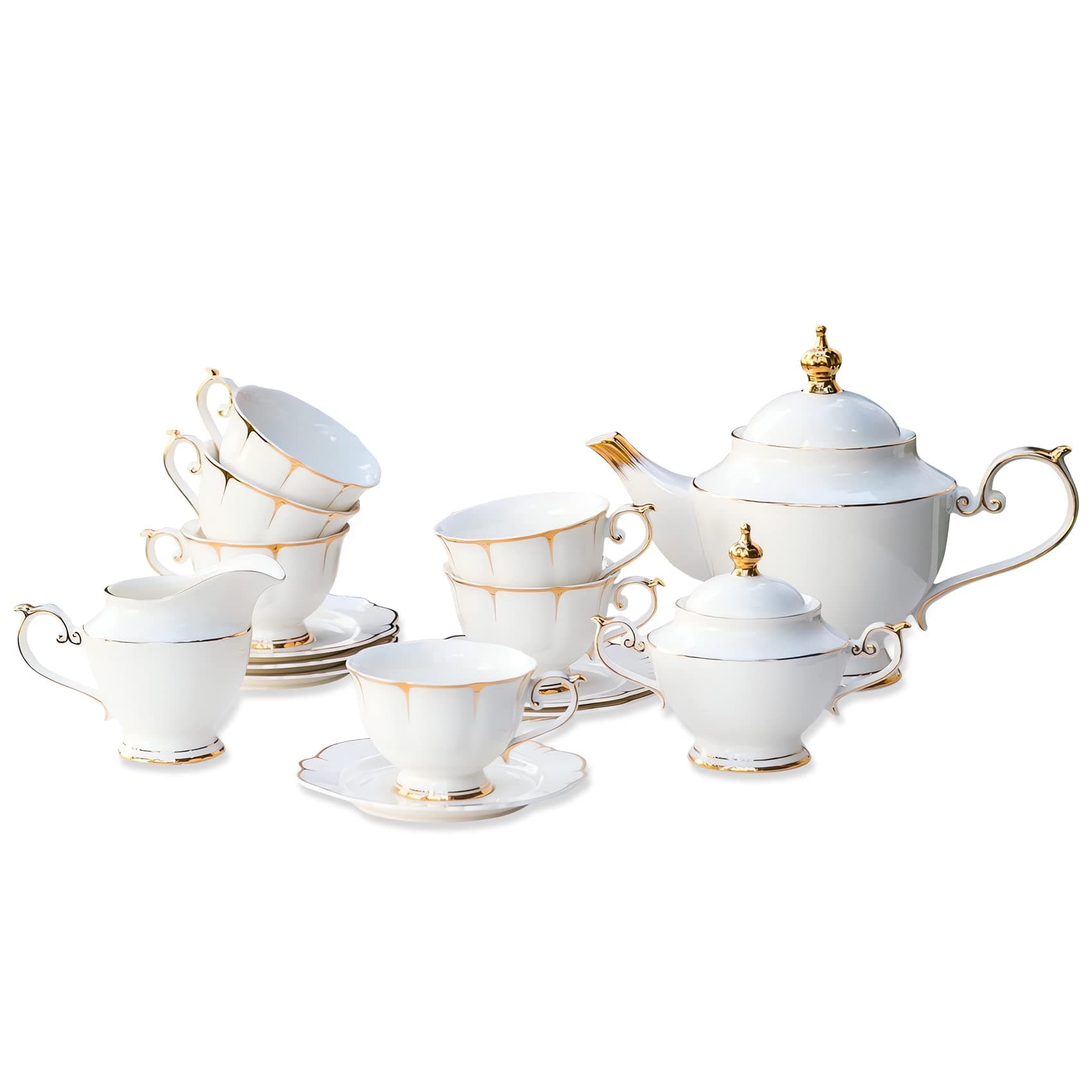 ACMLIFE Tea Sets for Adults Fine Bone China Tea Set for 6, Porcelain Teapot Sets for Adults 24K Gold, Afternoon Modern Cups and Saucers for Women Tea Party or Gifts Giving (White)