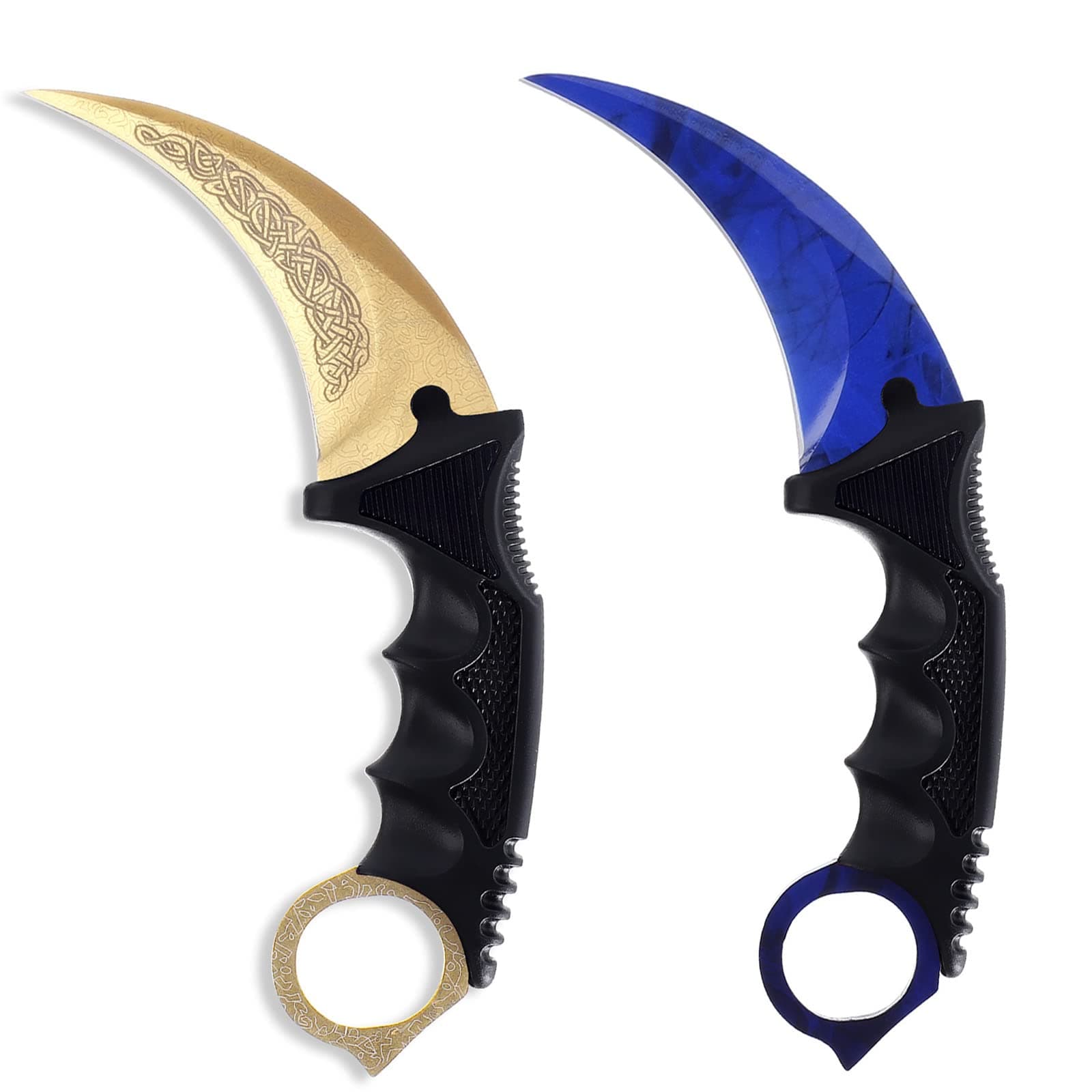 Karambit Knife Fixed Blade Tactical Camping Tool, 2 Pieces Stainless Steel Outdoor Hunting Knife with Sheath and Cord, Suitable for Hiking, Adventure, Survival and Collection (Gold&Blue)