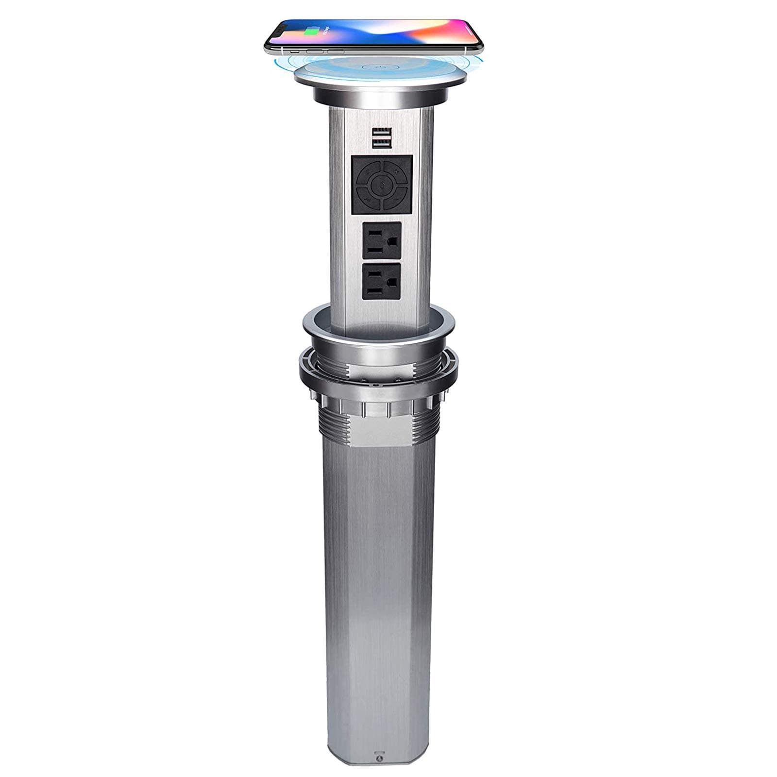 Kungfuking Intelligent Electric Pop Up Socket Surge Protector Retractable Outlet Motorised Power Strip & Dual USB with Wireless Charging Stations and Speaker for Kitchen, Conference Room