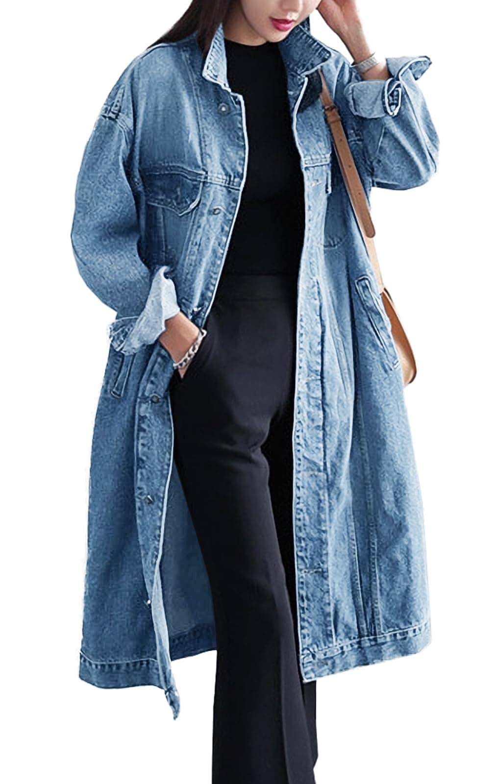 Womens Classic Jean Jacket Plus Size Loose Long Sleeve Button Down Denim Trench Coat