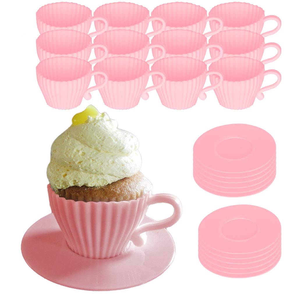 Evelots Baking Cupcake Teacup Set-Oven Safe Silicone-W/Saucers-Bridal/Baby Shower-Birthday/Tea party-2 Colors-Set/24