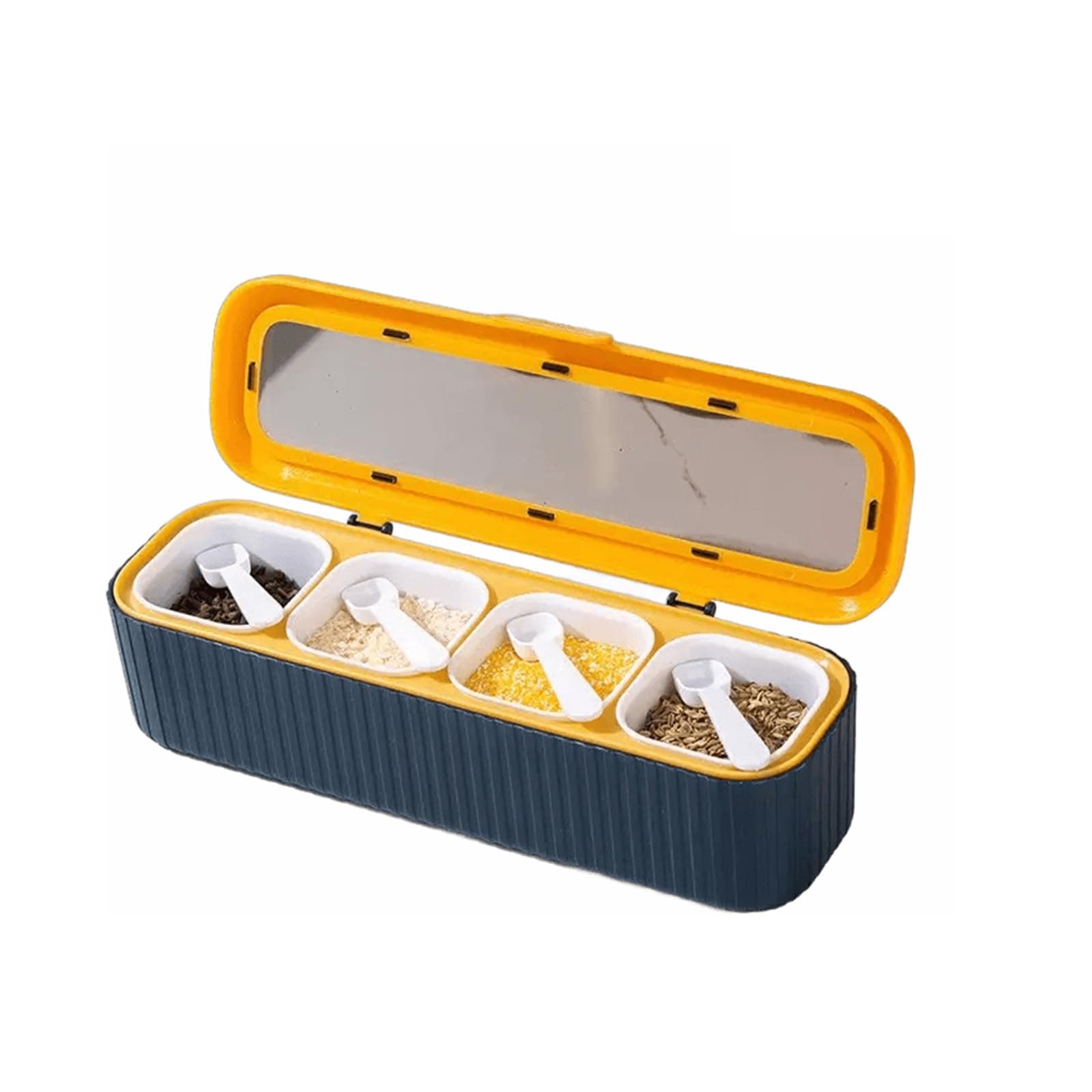 4-Grain Spice Box, Seasoning Storage Container Box, Light Luxury Seasoning Box with Lid and Spoon for Salt, Sugar, Cardamom, Cinnamon, Cloves, Nutmeg and Pepper (Blue)