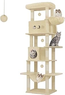 Cat Tree for Indoor Cats, 210 cm Large Tall Cat Tower, Multi-Level Cats House with Condo, 8 Scratching Posts, Hammock, 4 Pom Poms, Beige MS21018YL