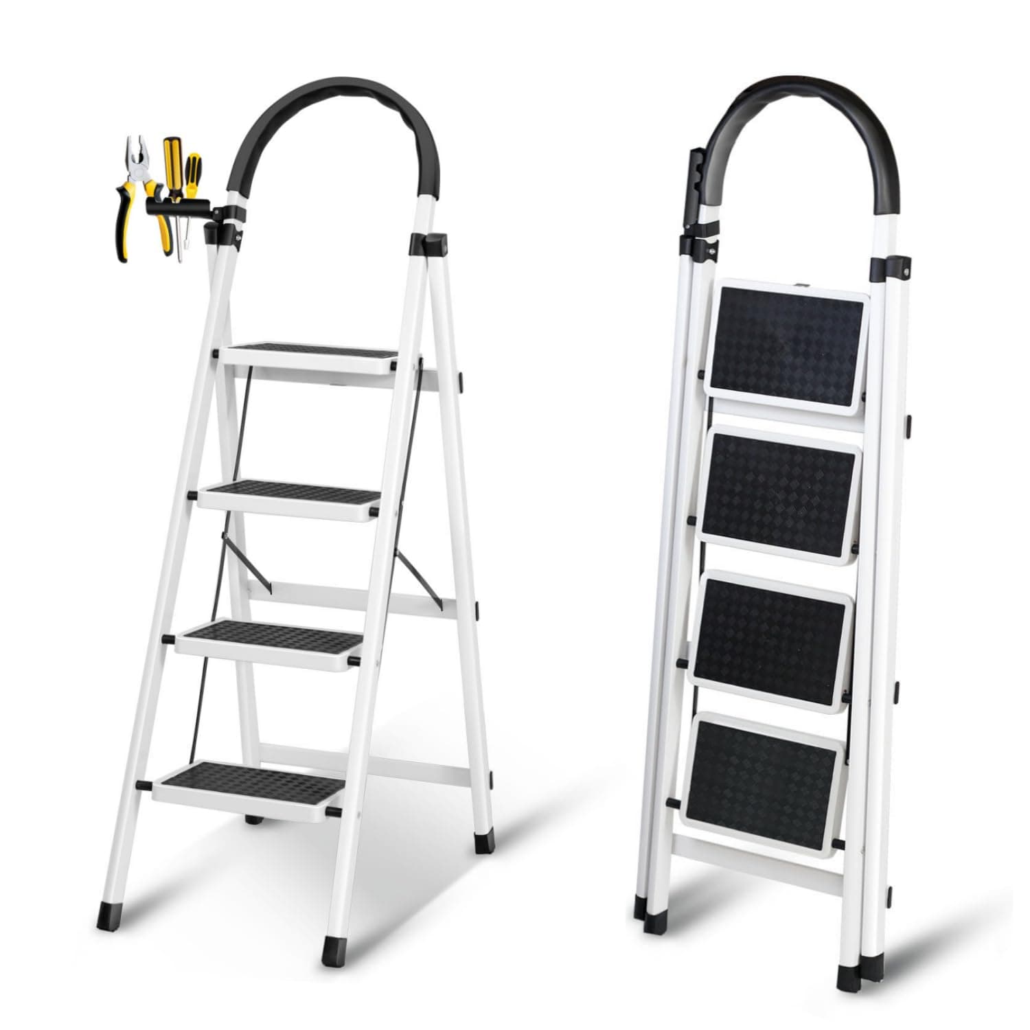 SKY-TOUCH Foldable Ladder 4 Steps, Home Ladder Folding Step Stool with Wide Anti-Slip Pedal, Adults Folding Sturdy Steel Ladder for Home,Kitchen, Garden, Office