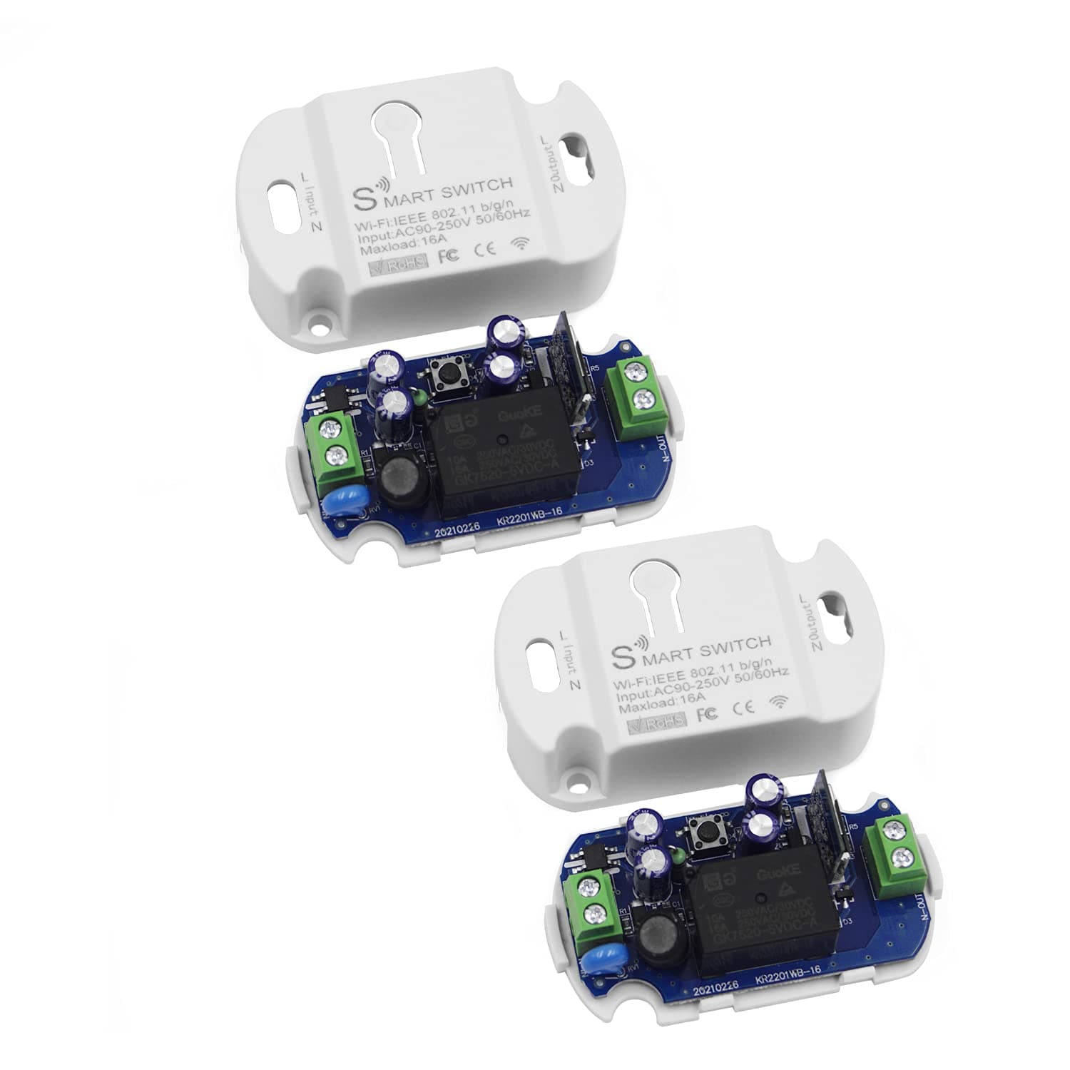 16A Basic Wireless Smart Switch，Wi-Fi Light Switch Compatible with Alexa & Google Home & SmartThings,FCC Certified,No Hub Required Support DIY Module (2 pcs)