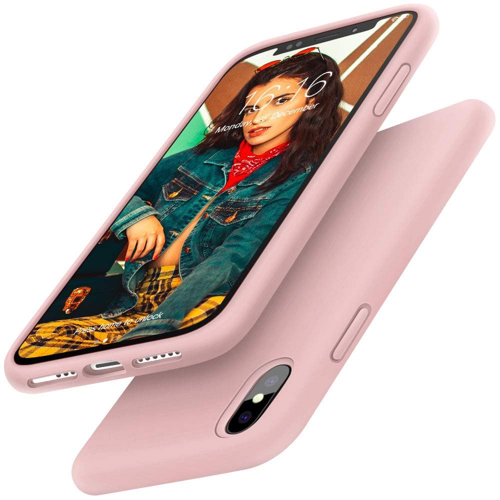 Gorain Case for iPhone X/XS, Liquid Silicone Shockproof Gel Rubber Cover Drop Protective Case with Soft Microfiber Lining for iPhone X/XS 5.8 inch-Sand Pink