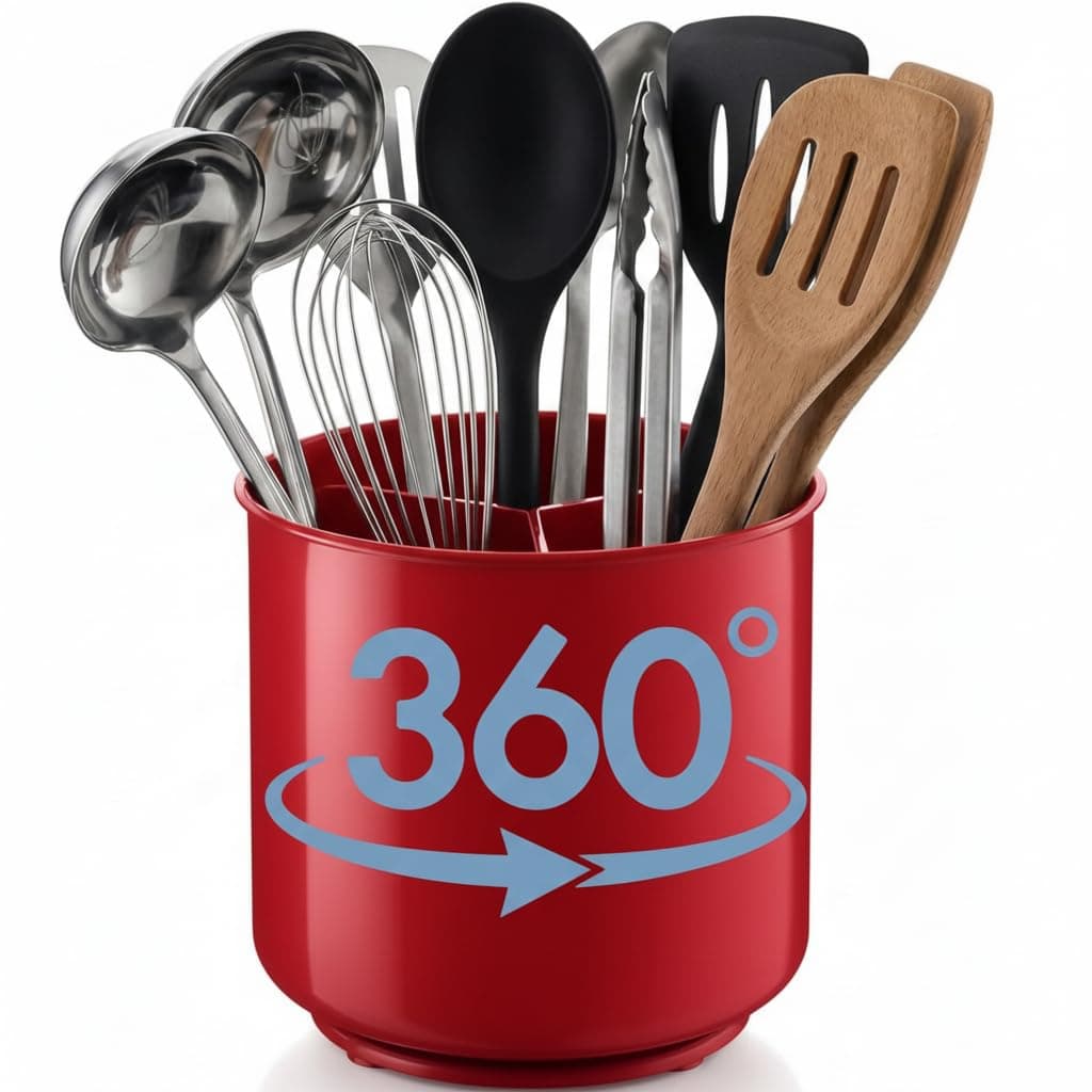 Extra Large Rotating Red Utensil Holder with Sturdy No-Tip Weighted Base, Removable Divider, and Gripped Insert | Rust Proof and Dishwasher Safe Kitchen Utensils Holder and Cutlery Holder