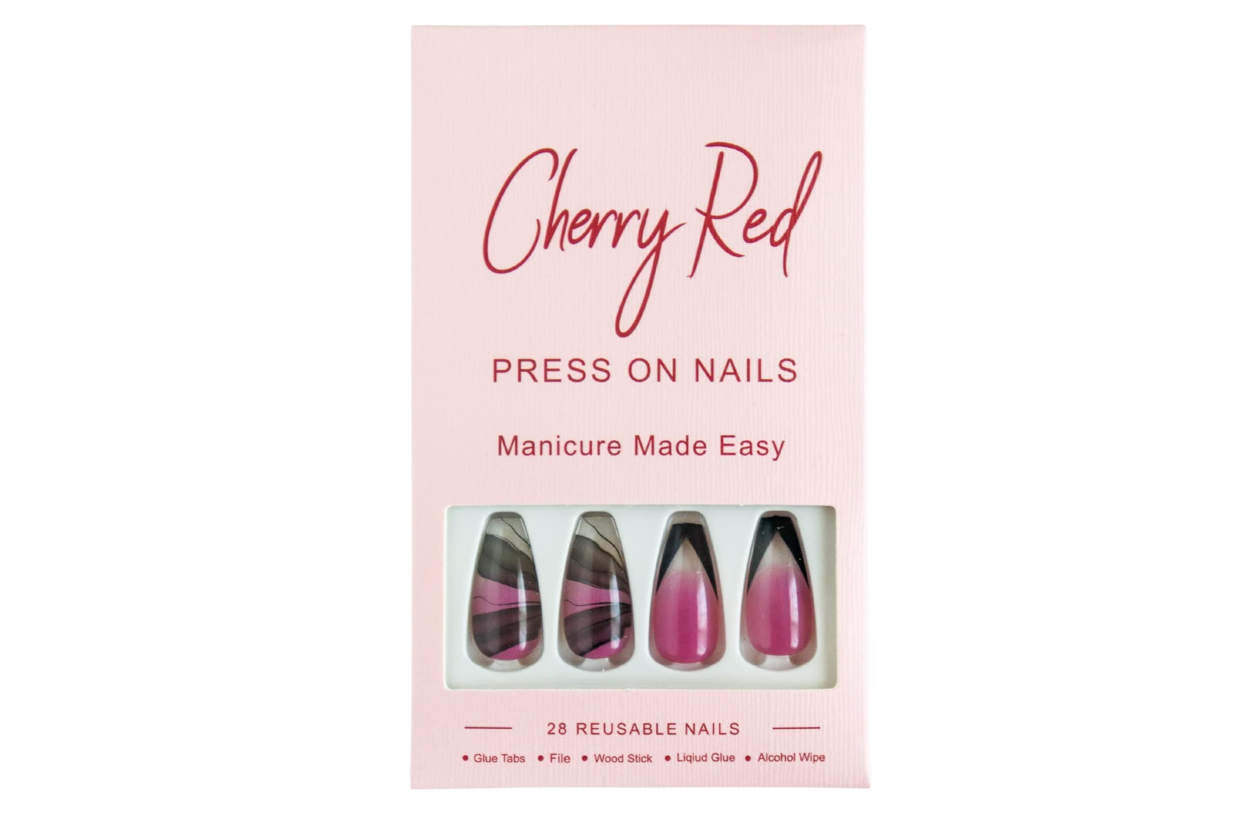 Cherry Red Coffin Press On Nails False Nails Fake Nails Artificial Nail Tips,Purple & Black Glass Nails-28pcs