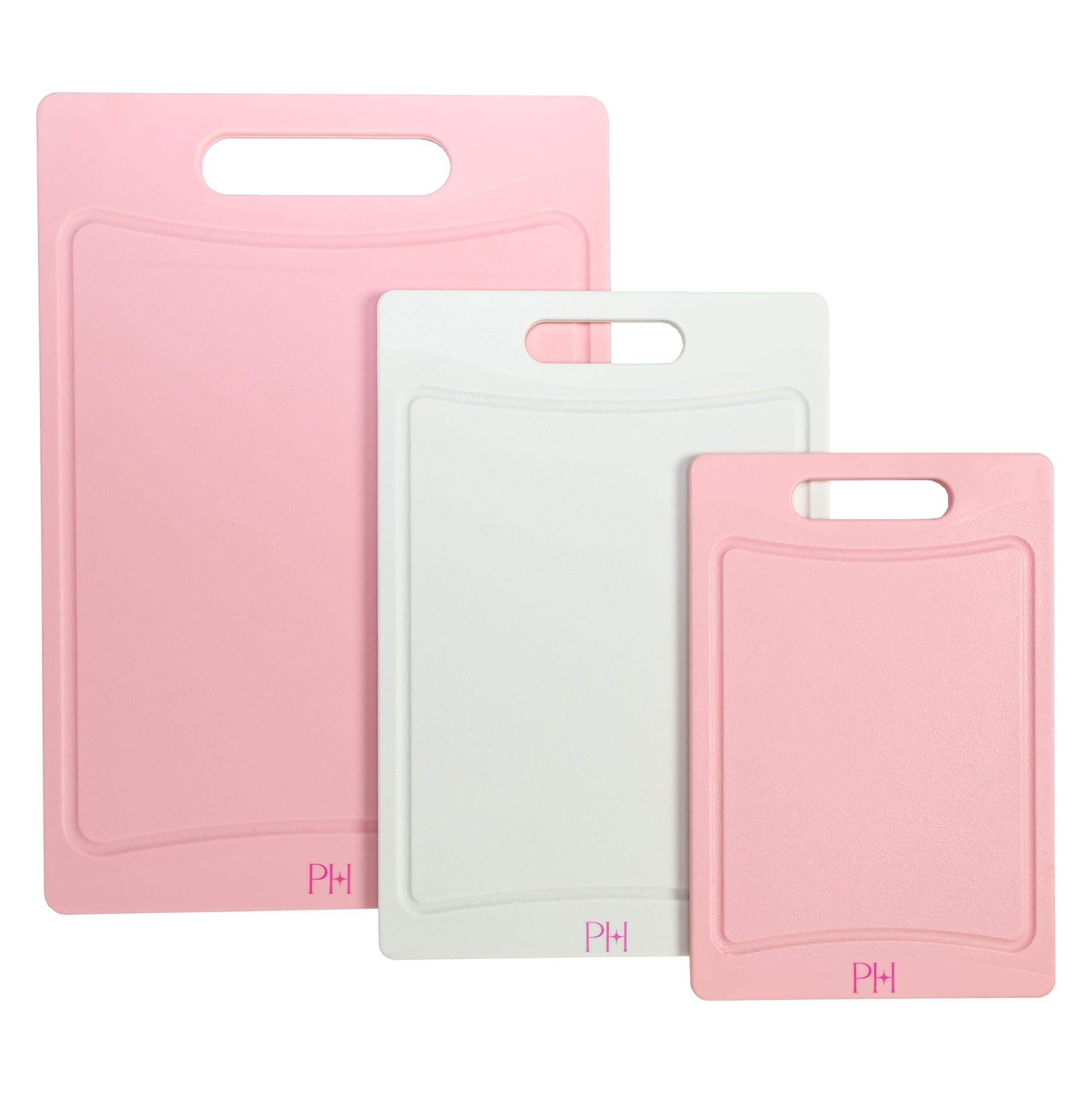 Cutting Boards, Dual-Sided Cutting Board Set with Built-in Juice Grooves, Easy-Grip Handles, Heavy-Duty Plastic Made without BPA, Dishwasher Safe, 3-Piece Set, Pink and Cream