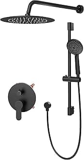 Gabrylly Shower System Black, Wall Mounted Slide Bar Shower Faucet Set Complete,High Pressure 10" Rain Shower Head with 5-Setting Handheld Shower,Shower Combo Set with Shower Valve
