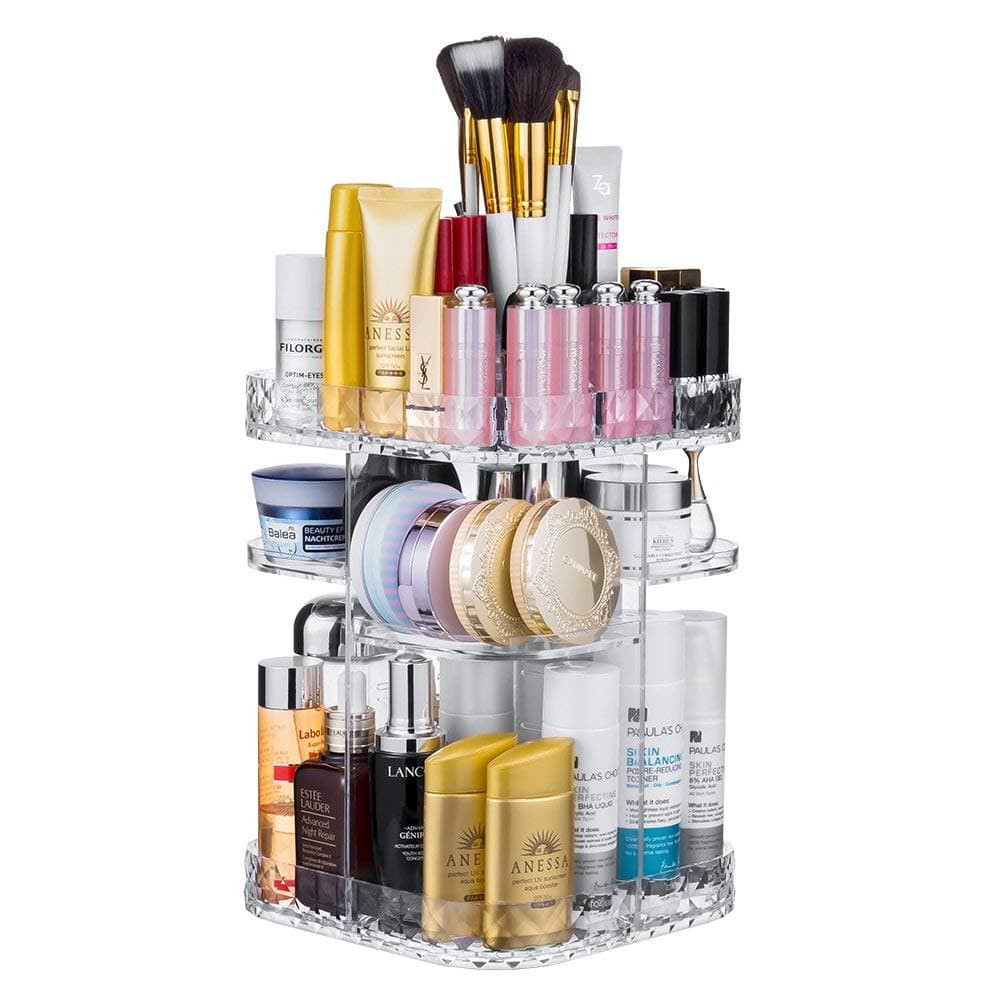 chfine Rotating Makeup Organiser, DIY 360 Adjustable Makeup Storage, Large Capacity Make up Caddy Shelf Cosmetics Organizer Box For Dresser, Bedroom, Bathroom - Clear