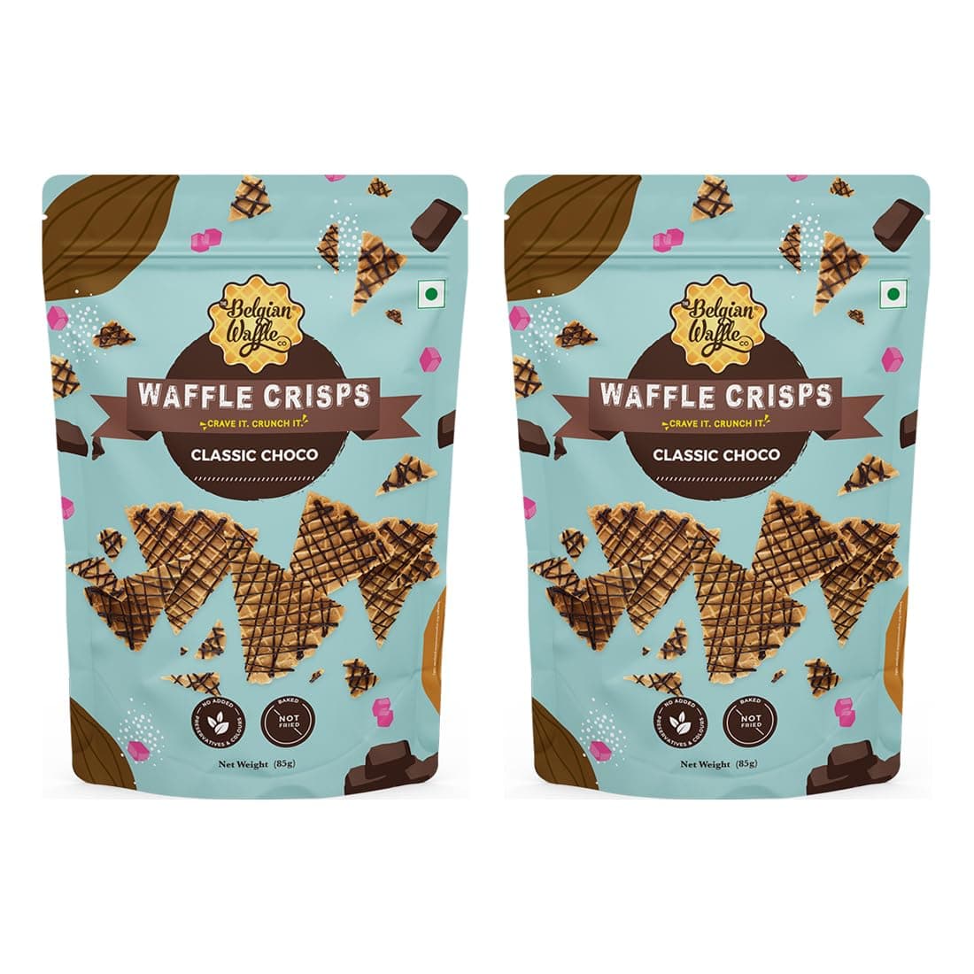 The Belgian Waffle Co - Classic Choco Waffle Crisps, Thin, Crunchy, Eggless, Baked Not Fried, Healthy Snacks for Breakfast - 85gm Each (Pack of 2)