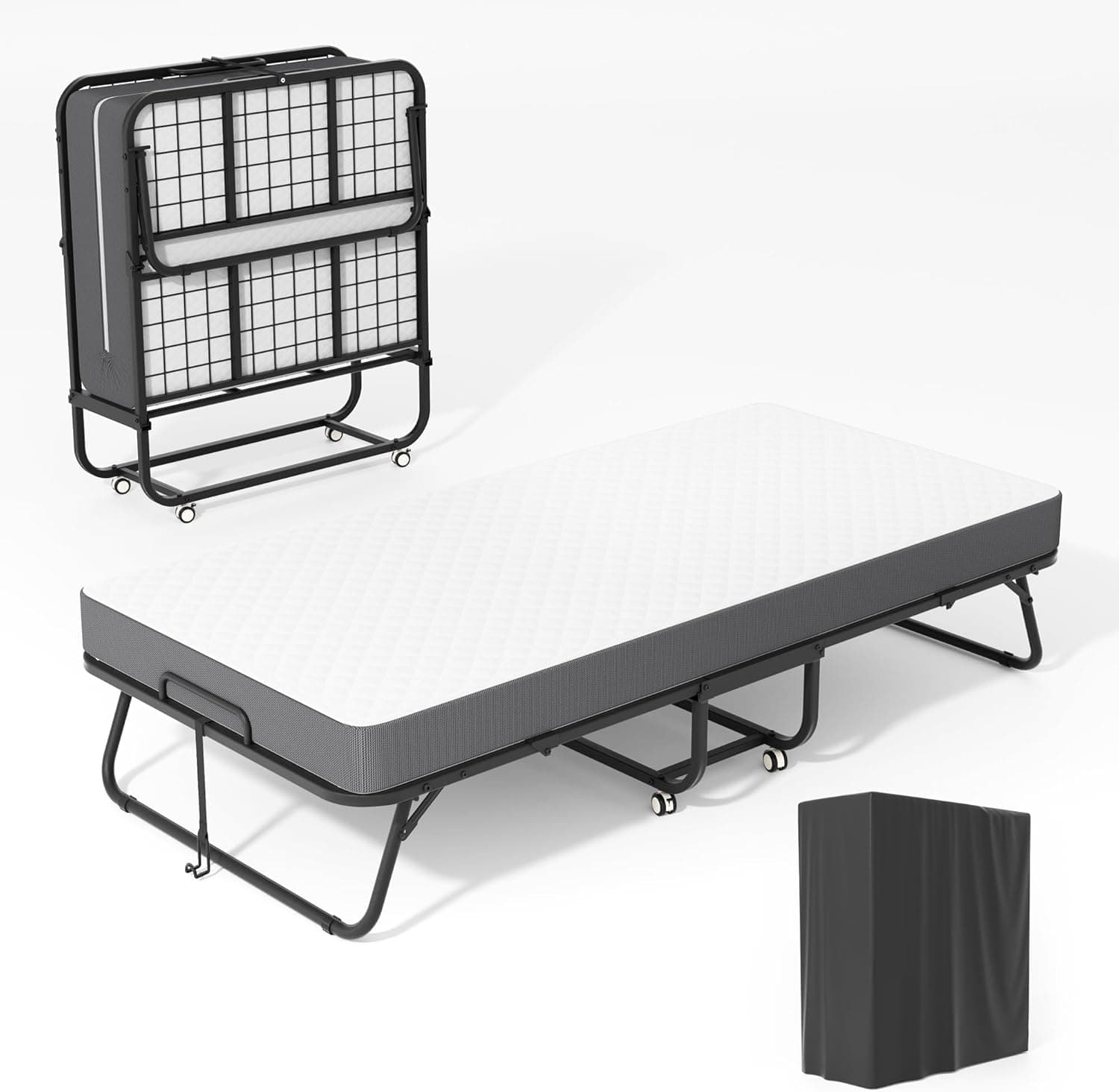 Folding Bed with 5 Inch Memory Mattress, 75” x 31” Foldable Single Cot Size with Wheels for Adults, Portable Rollaway Bed with Metal Frame for Apartment