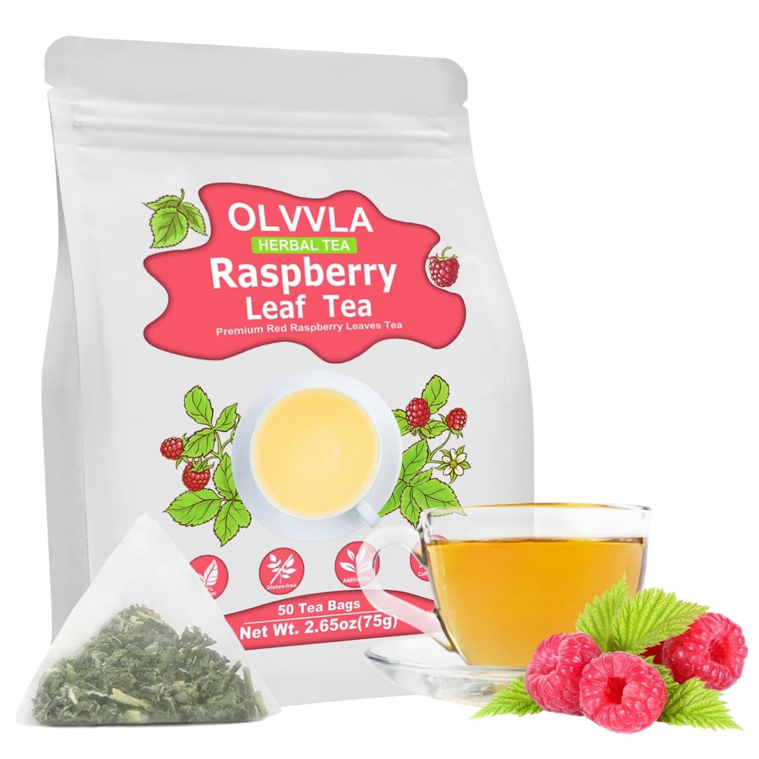 Olvvla - Raspberry Leaf Tea Bags - 1.5g X 50 Count - 100% Pure Red Raspberry Leaf Herbal Tea - Natural Pregnancy Tea - Non-GMO - Caffeine-free - Ease Menstrual Cramp & Support Healthy Pregnancy