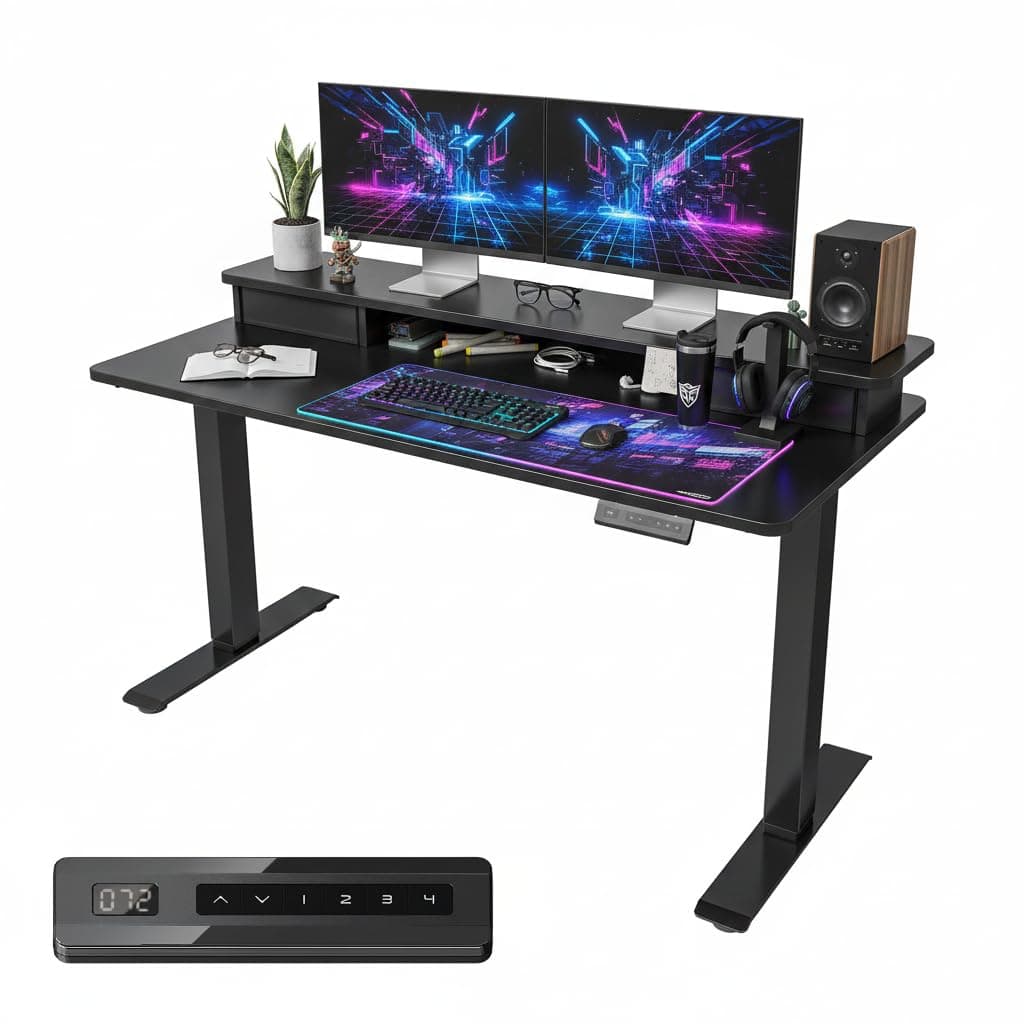 FEZIBO Height Adjustable Electric Standing Desk with Double Drawer, 140 * 60cm Stand Up Table with Storage Shelf, Sit Stand Desk with Splice Board, Black Frame/Black Top