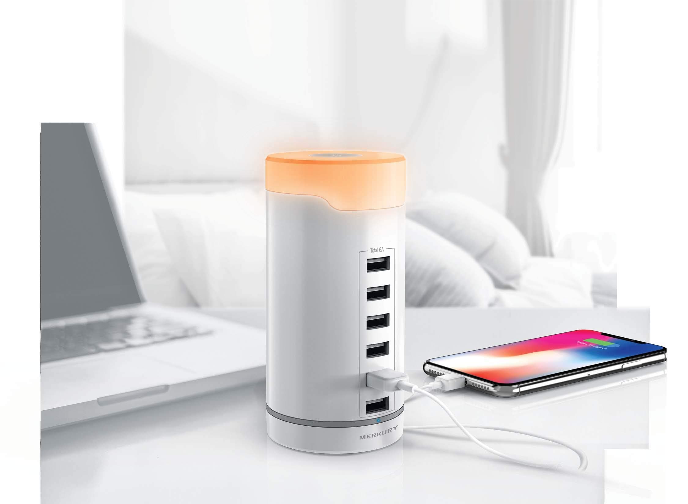 USB Charger w Touch Sensor Nightlight, USB Wall Charger Station Merkury Innovations Universal 6-Port Multi USB Charging Station with Smart Identification for Phones, Tablets, Kindle, and More White