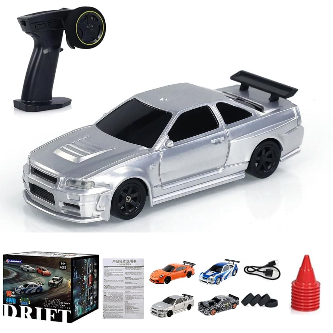 1/43 Scale RC Mini Drift Car with Lights Kit, 2.4G Electric 4WD RC Racing Vehicle Remote Control High-Speed Car for Boys Adults - RTR Version