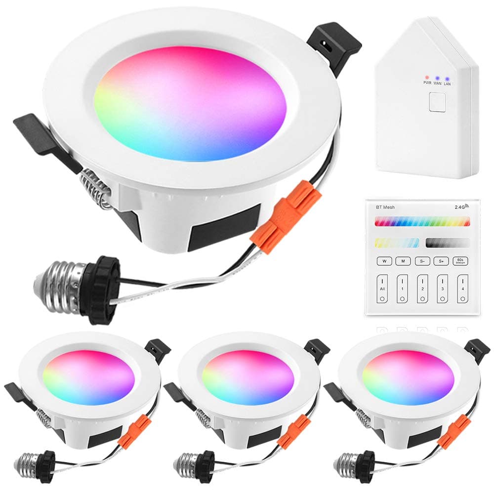 Smart LED Recessed Downlight with Touchscreen Smart Switch & Smart Bridge, FVTLED 4pcs Wireless Bluetooth Mesh 9W 4 inch 700LM 2700K-6500K Dimmable RGBWC Multicolor Color 5 in 1 Ceiling Spotlight