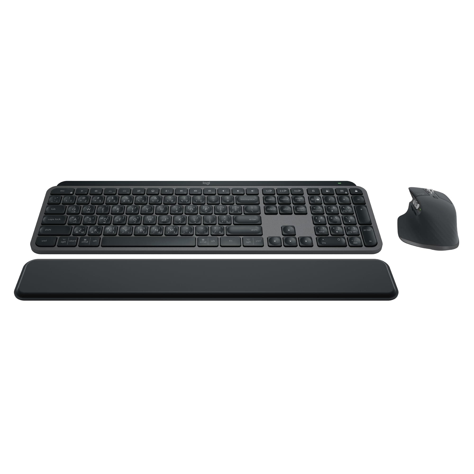 MX Keys S Combo - Performance Wireless Keyboard and Mouse with Palm Rest, Customizable Illumination, Fast Scrolling, Bluetooth, USB C, for Windows, Linux, Chrome, Mac - Graphite, ARA Layout