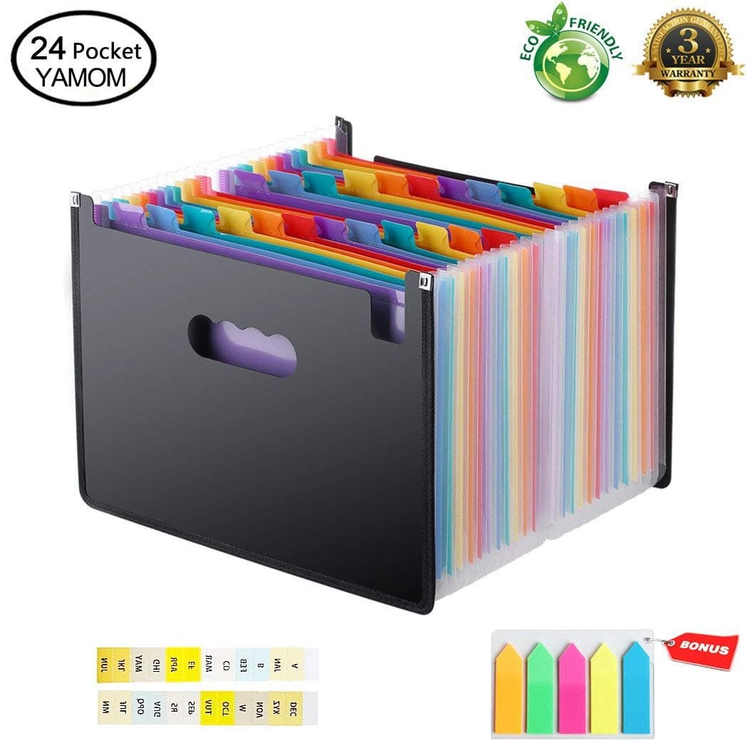 Accordion Folder Expanding File Organizer Document Receipt Bill Letter Paper A4/Size Multi-Colour 24 Pockets Large Capacity Portable Box Stand Bag - Bonus 5 Color Labels …